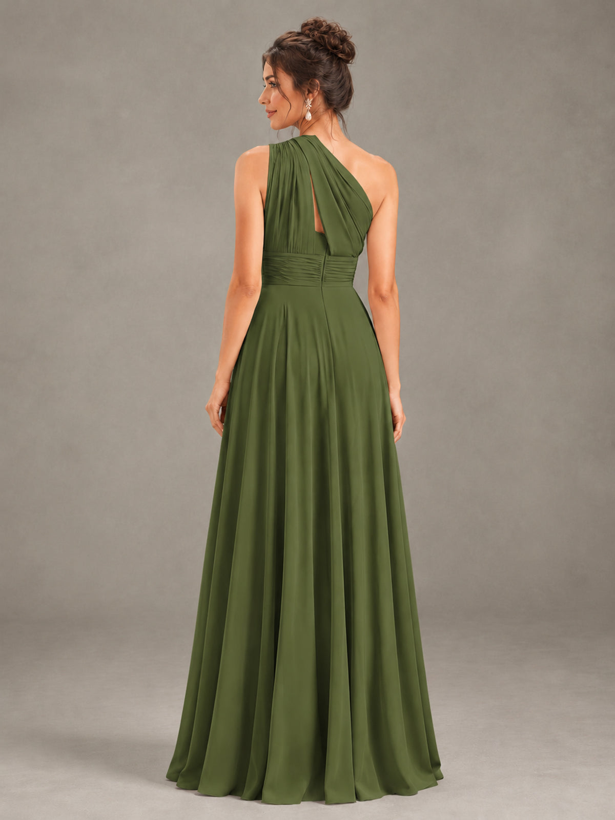 BOLODOO Olive Green One-Shoulder Chiffon-Look Bridesmaid Dress - Olive Green - Olive Green (2)