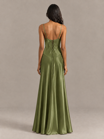 BOLODOO Olive Green Satin Lace-Up Back Maxi Dress - Olive Green