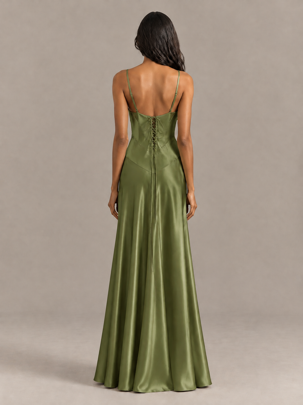BOLODOO Olive Green Satin Lace-Up Back Maxi Dress - Olive Green