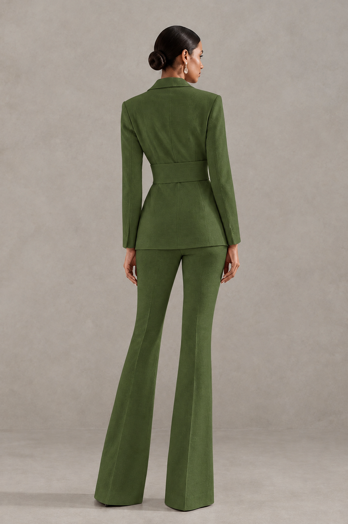 BOLODOO Olive Green Two-Piece Pantsuit with Tailored Blazer & Flared Pants - Olive Green - Olive Green (2)