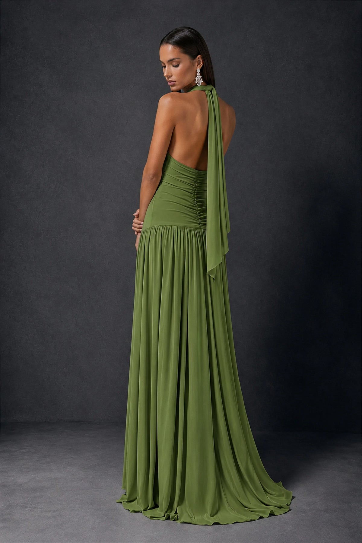 BOLODOO Olive Green Halter Deep V-Neck Ruched Chiffon Open Back Maxi Dress with Draped Neck Tie - Olive Green