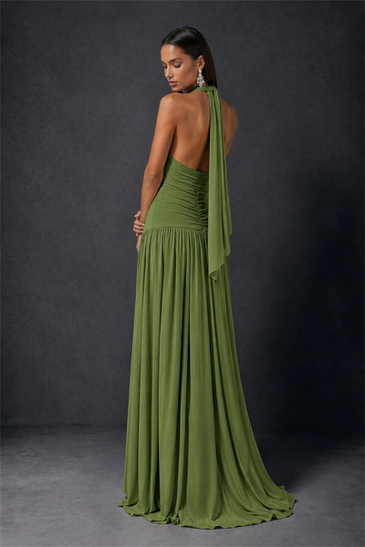 BOLODOO Olive Green Halter Deep V-Neck Ruched Chiffon Open Back Maxi Dress with Draped Neck Tie - Olive Green