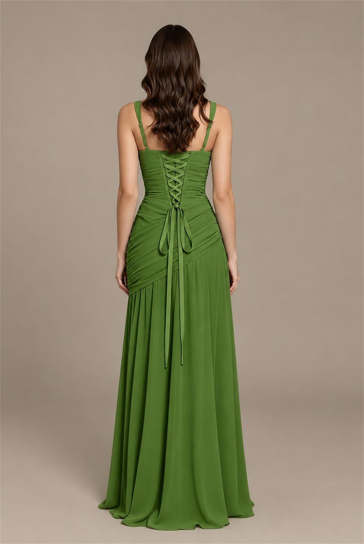BOLODOO Olive Green Spaghetti Strap Ruched Maxi Dress – Formal Evening Gown with Slit - Olive Green