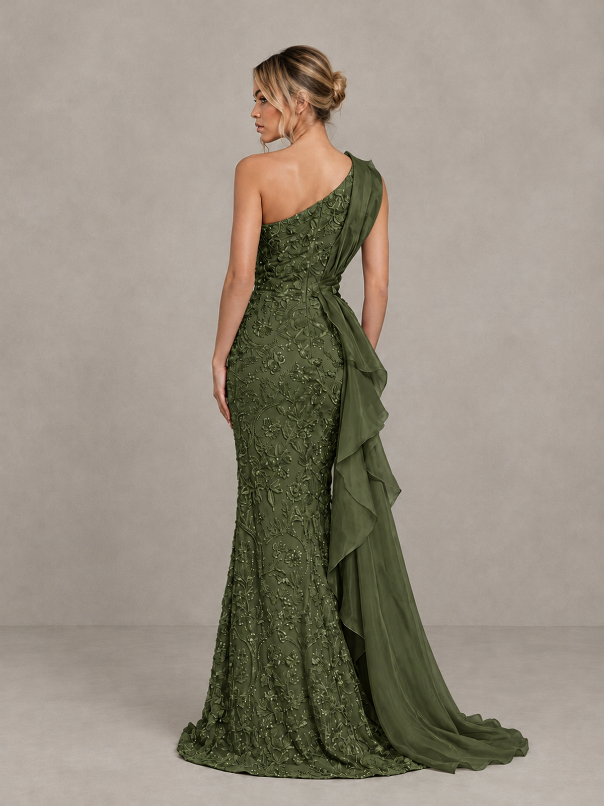 BOLODOO Olive Green One-Shoulder Floral Lace Evening Gown with High Slit - Olive Green - Olive Green (2)