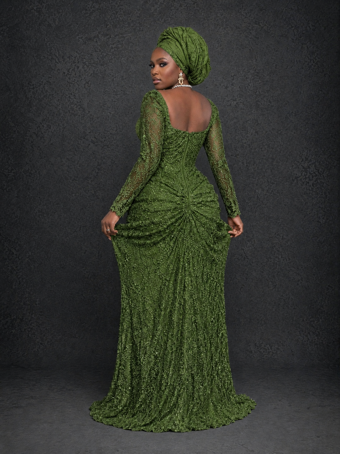 BOLODOO Olive Green Beaded Lace Long Sleeve Mermaid Gown Sweetheart | Mother of the Bride - Olive Green