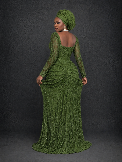 BOLODOO Olive Green Beaded Lace Long Sleeve Mermaid Gown Sweetheart | Mother of the Bride - Olive Green