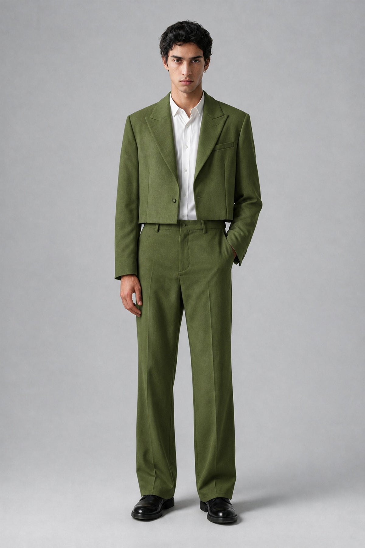 Bolodoo Men's Olive Green Cropped Blazer & Wide-Leg Trousers 2-Piece Suit - Olive Green - Olive Green (2)
