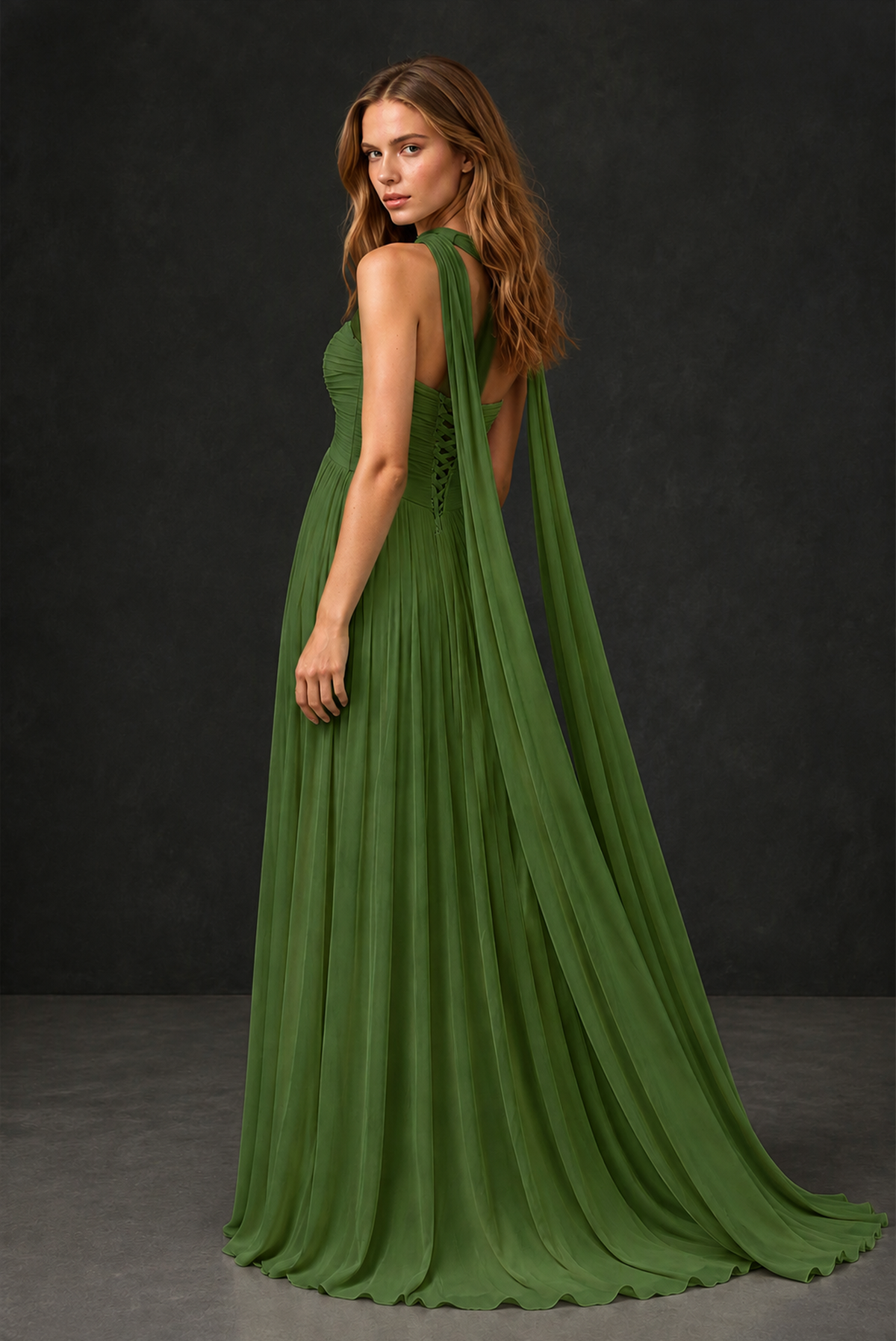 BOLODOO Olive Green Sweetheart Strapless Twist Knot Detached Halter Scarf Lace-Up Back Empire Waist Chiffon Maxi Dress - Olive Green