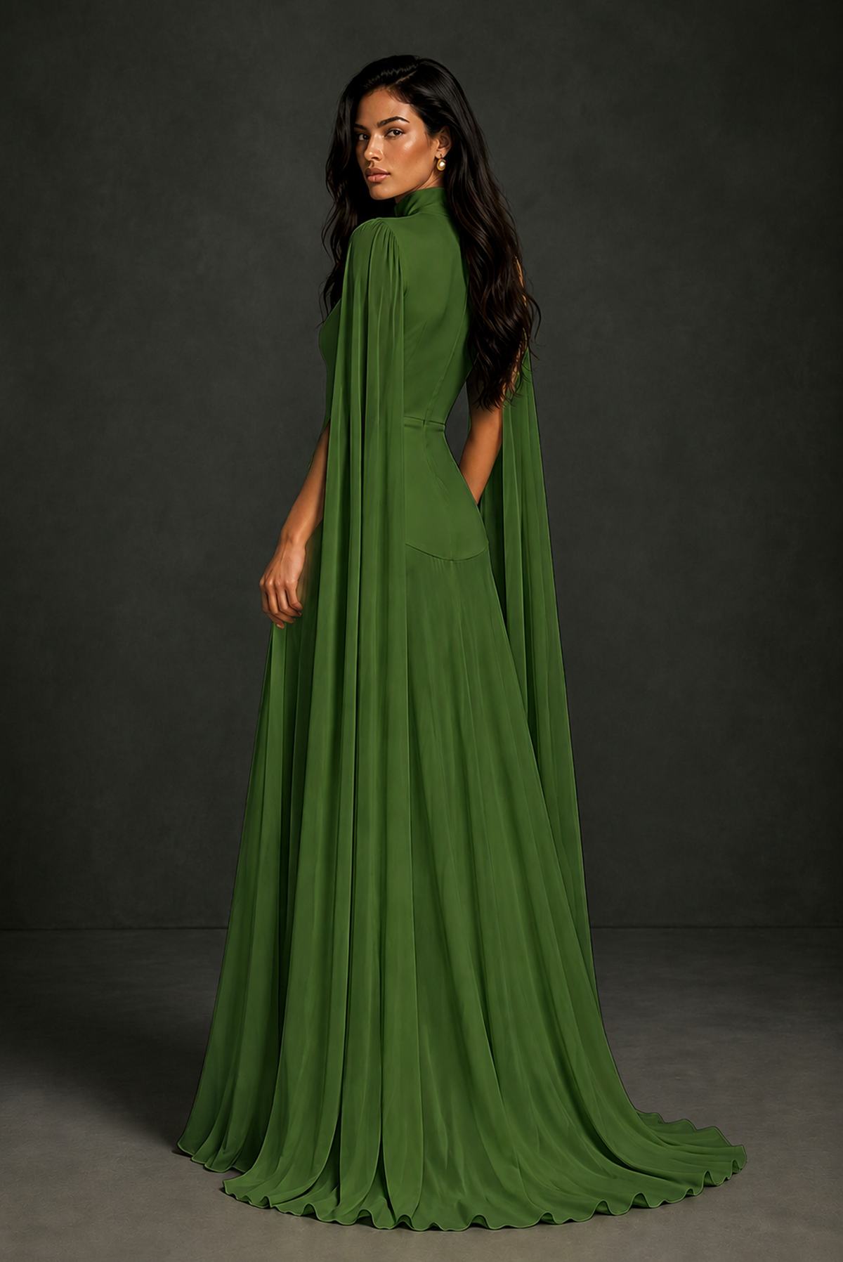 BOLODOO Olive Green Mock Neck Cape Sleeve A-Line Chiffon Maxi Dress - Olive Green