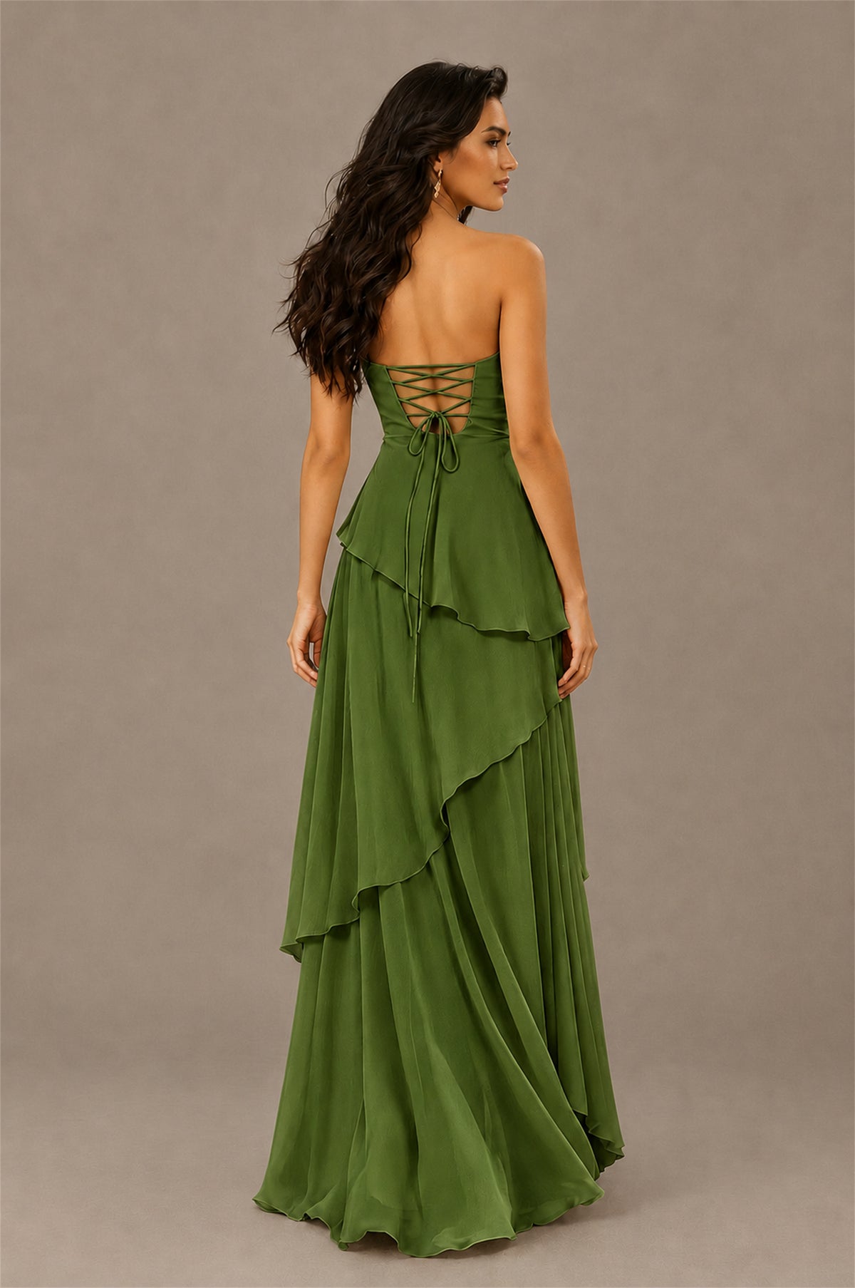 BOLODOO Olive Green Strapless Sweetheart Knotted Chiffon Tiered Maxi Dress with Lace-Up Back - Olive Green