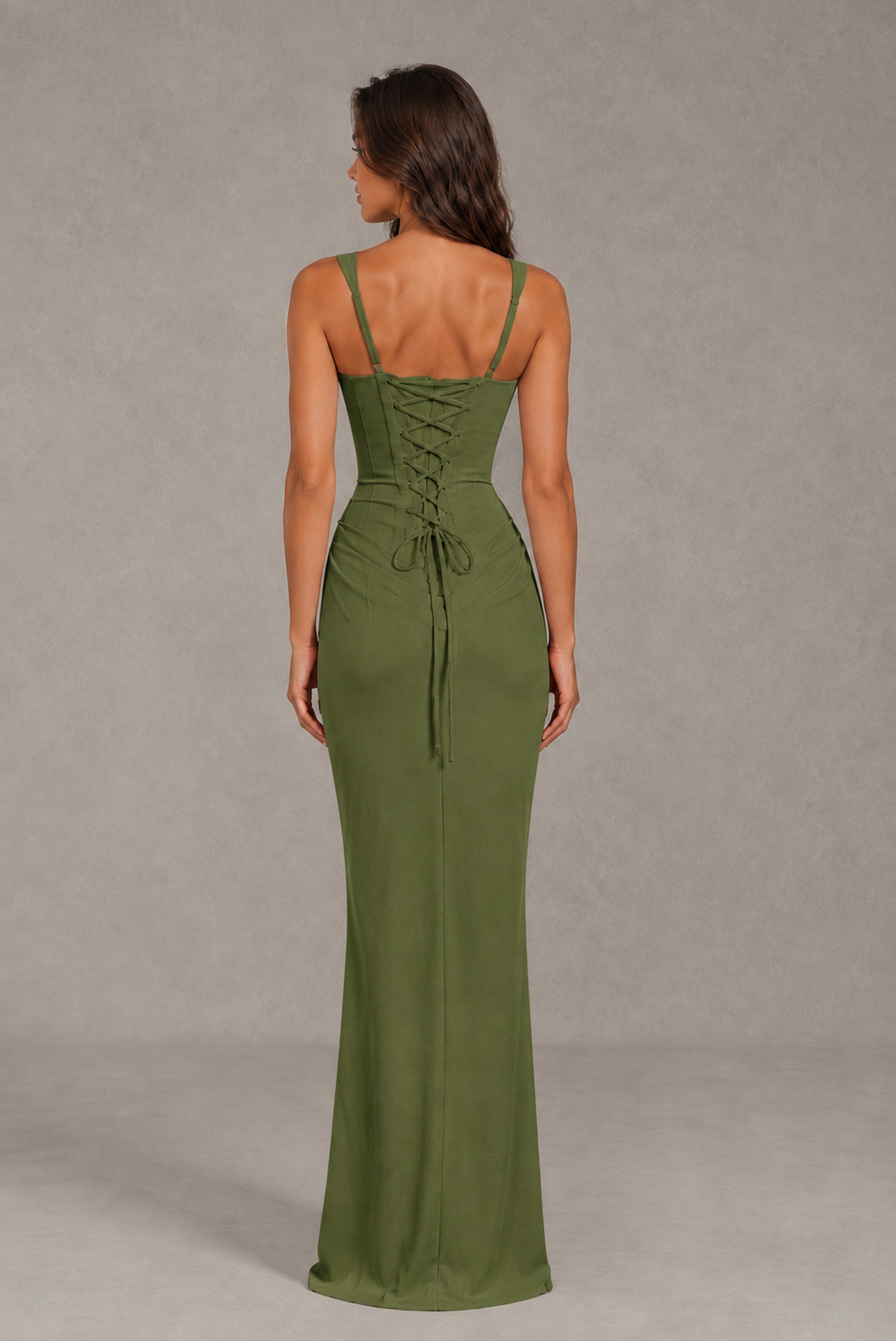 BOLODOO Olive Green Square-Neck Lace-Up Back Bridesmaid Dress - Olive Green