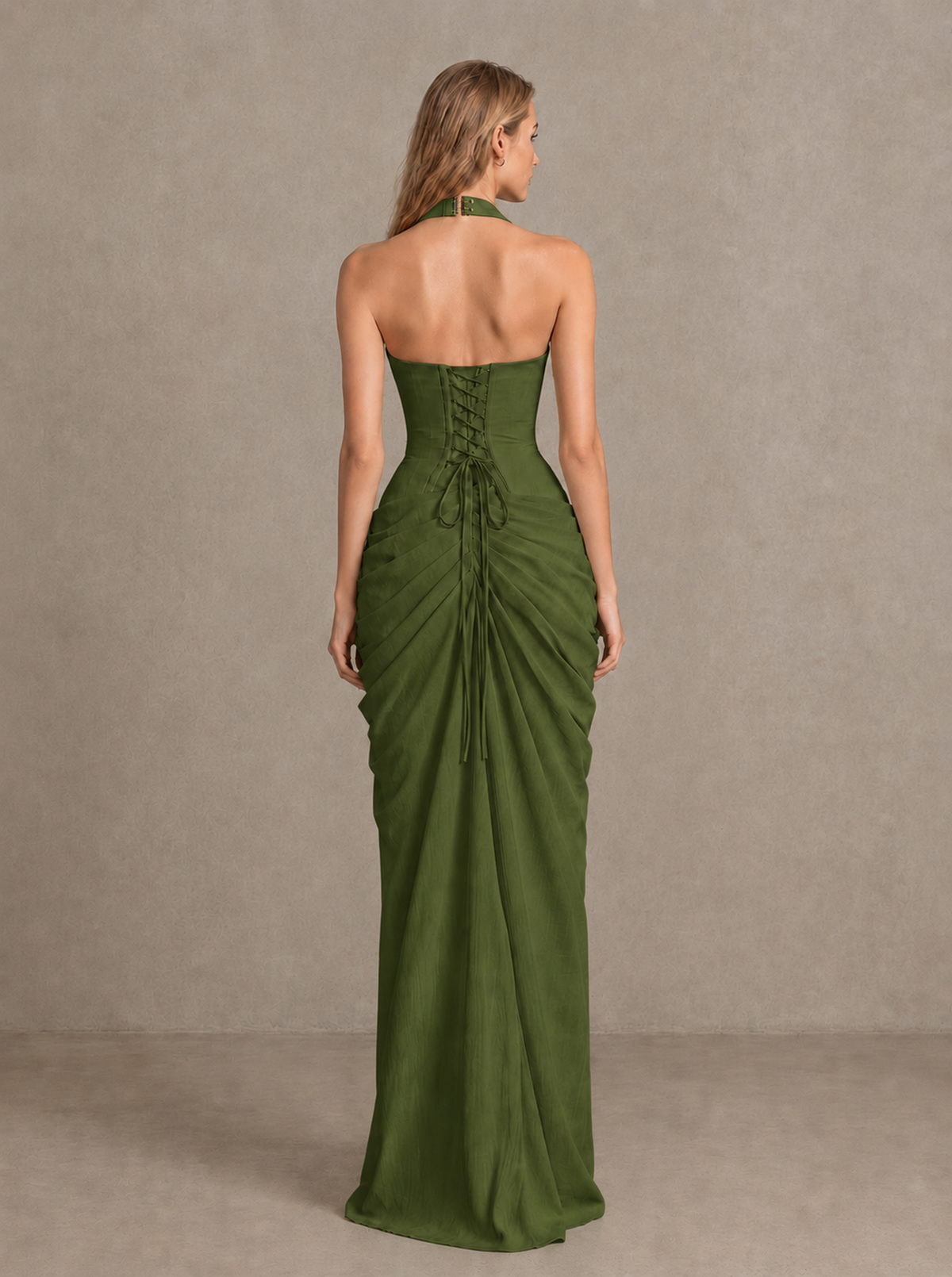 BOLODOO Olive Green Halter Neck Ruched Maxi Dress with High Slit - Olive Green