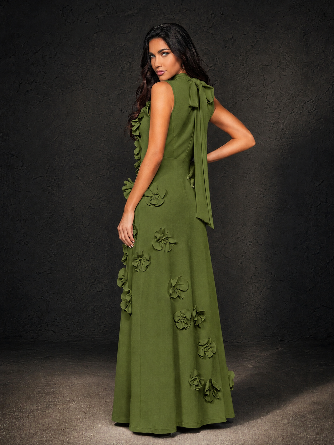 BOLODOO Olive Green Mock Neck Sleeveless 3D Floral Appliqué Maxi Dress with Bow Back - Olive Green