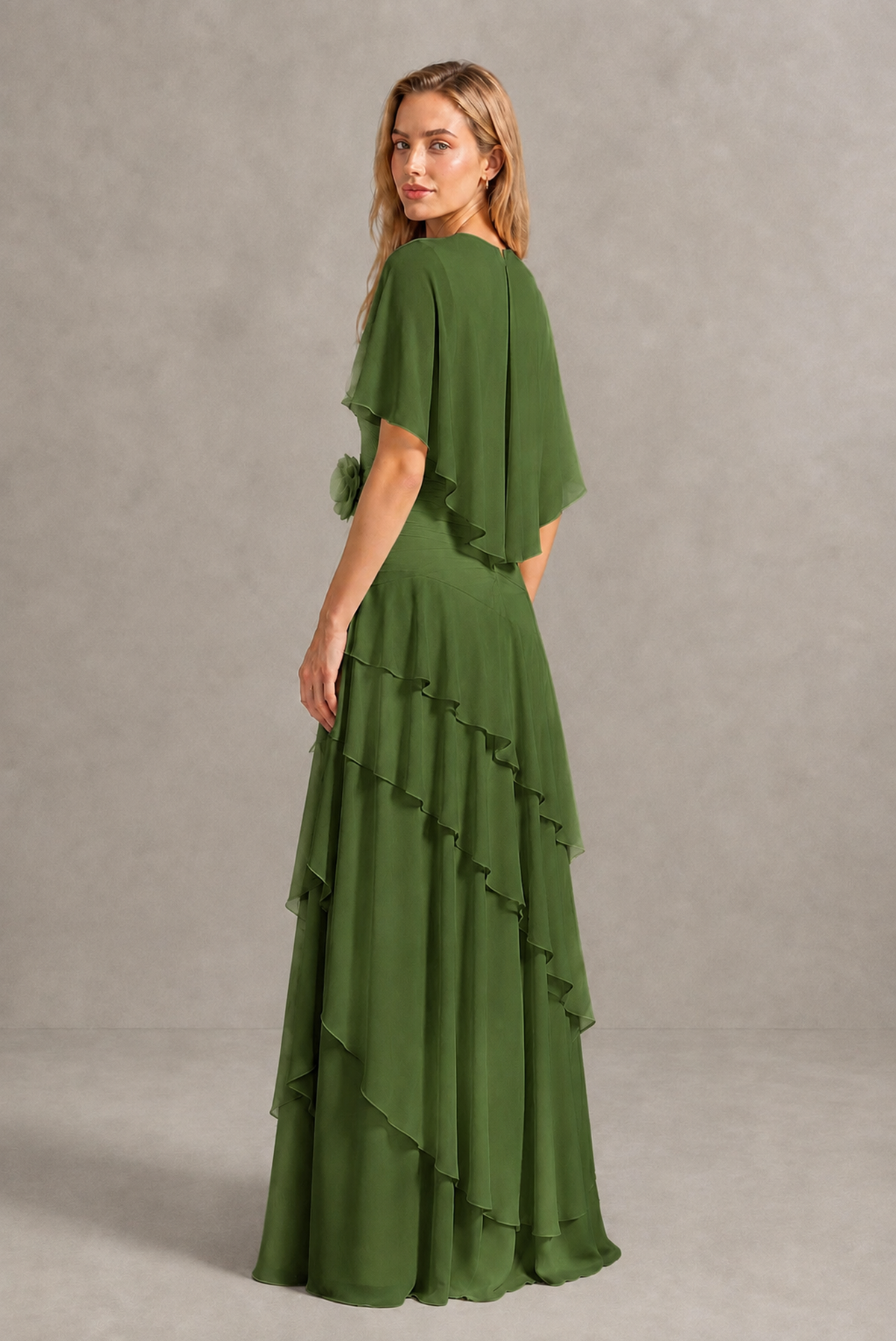 BOLODOO Olive Green Chiffon Flutter Sleeve Tiered Maxi Dress with 3D Rosette - Olive Green