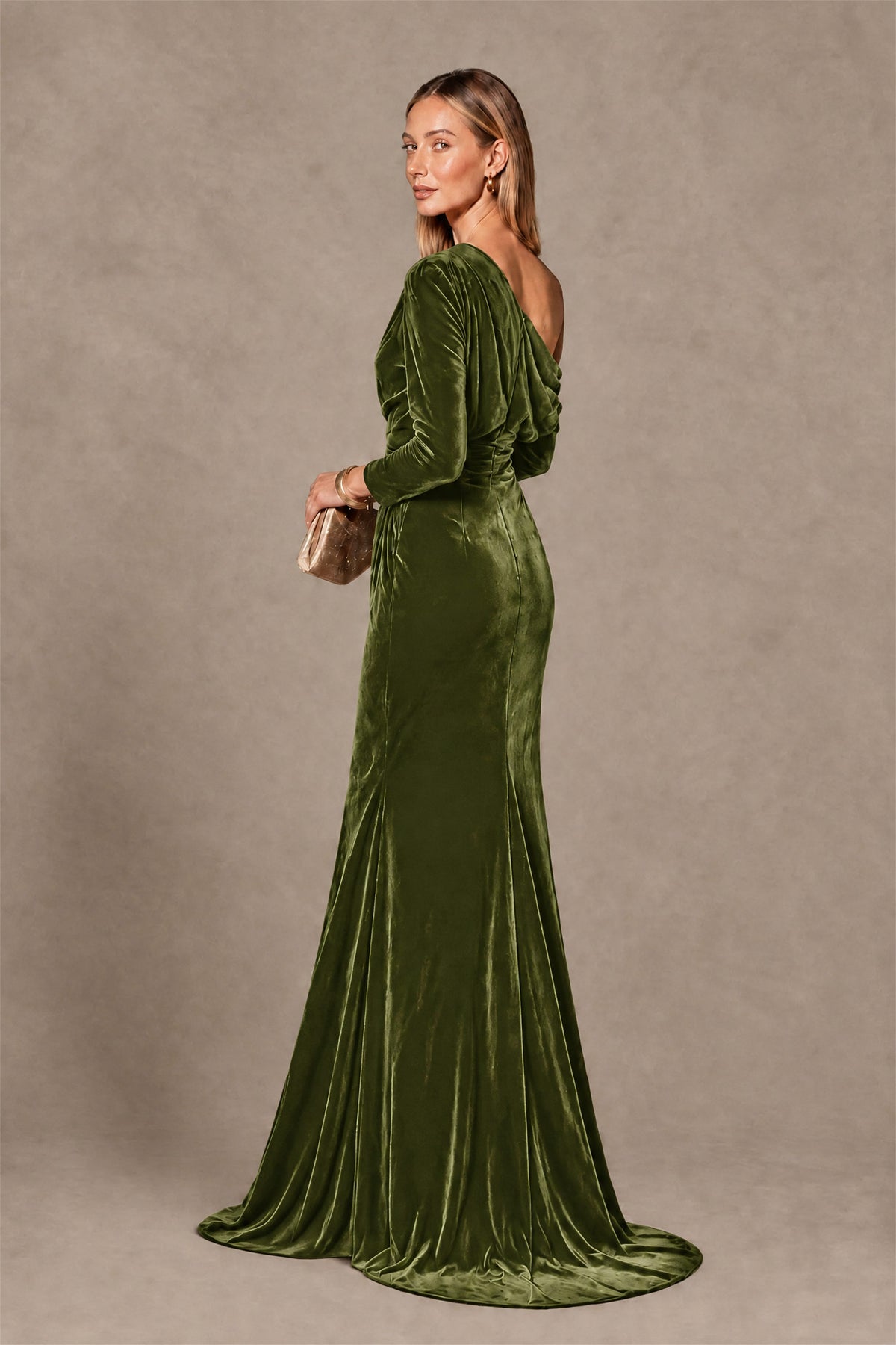 BOLODOO Olive Green Velvet One-Shoulder Long Sleeve Evening Gown - Olive Green