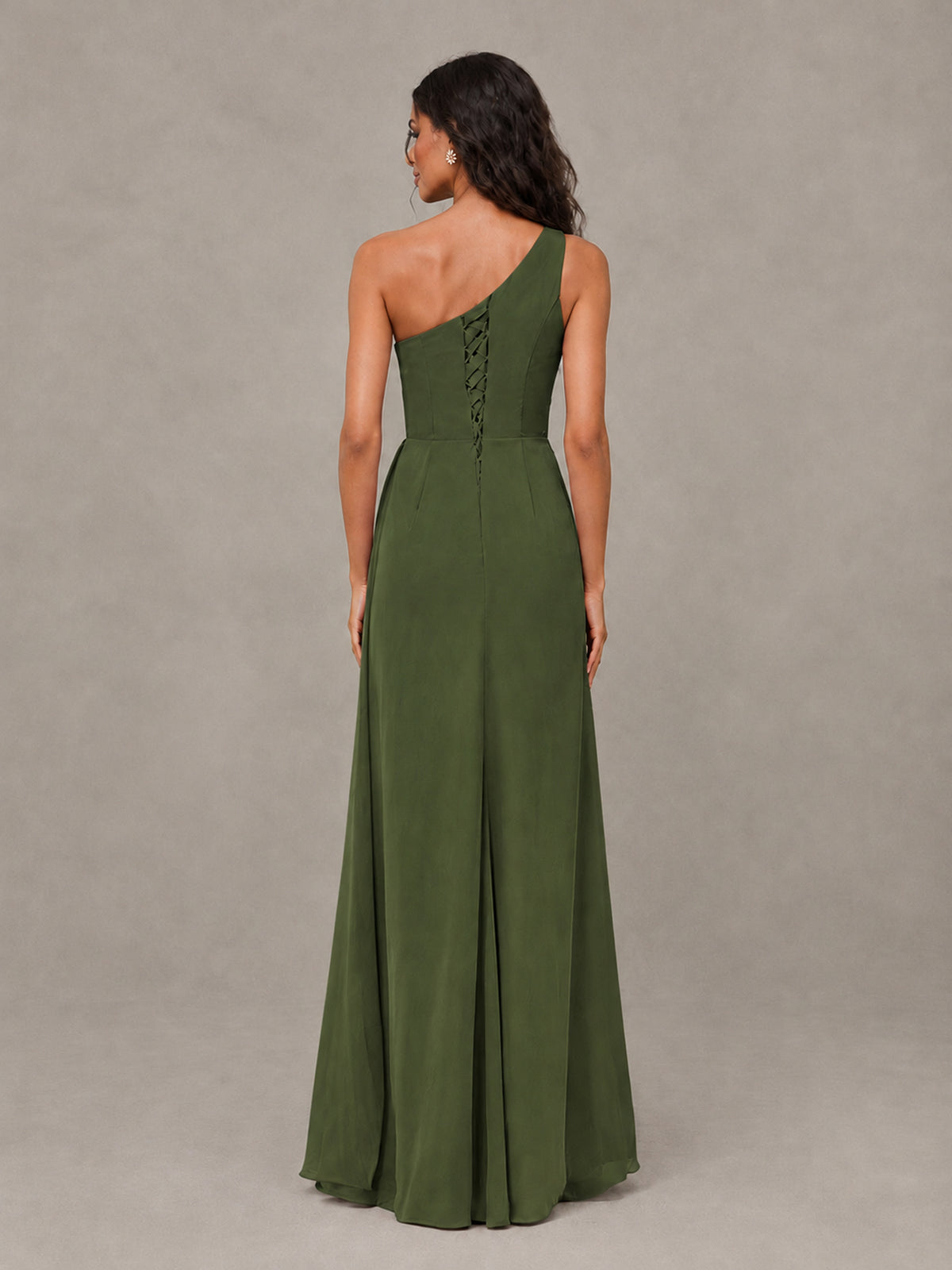 BOLODOO Olive Green One-Shoulder Chiffon Bridesmaid Dress with Ruched Bodice & High Slit - Olive Green - Olive Green (2)