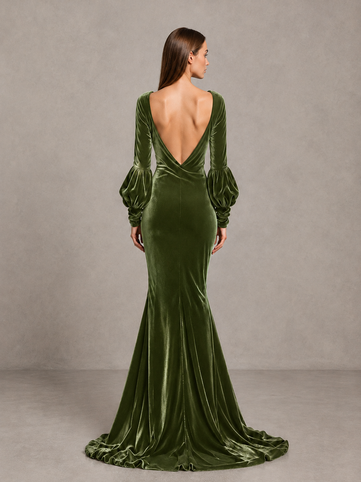 BOLODOO Olive Green Velvet V-Neck Long Sleeve Open Back Mermaid Evening Gown - Olive Green - Olive Green (2)