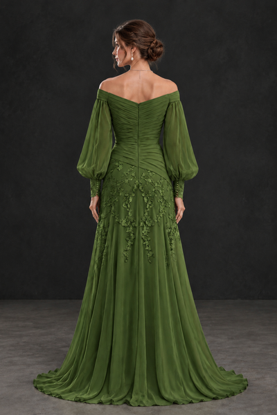 BOLODOO Olive Green Long Sleeve Mother of the Bride Dress with Floral Appliqués - Olive Green - Olive Green (2)
