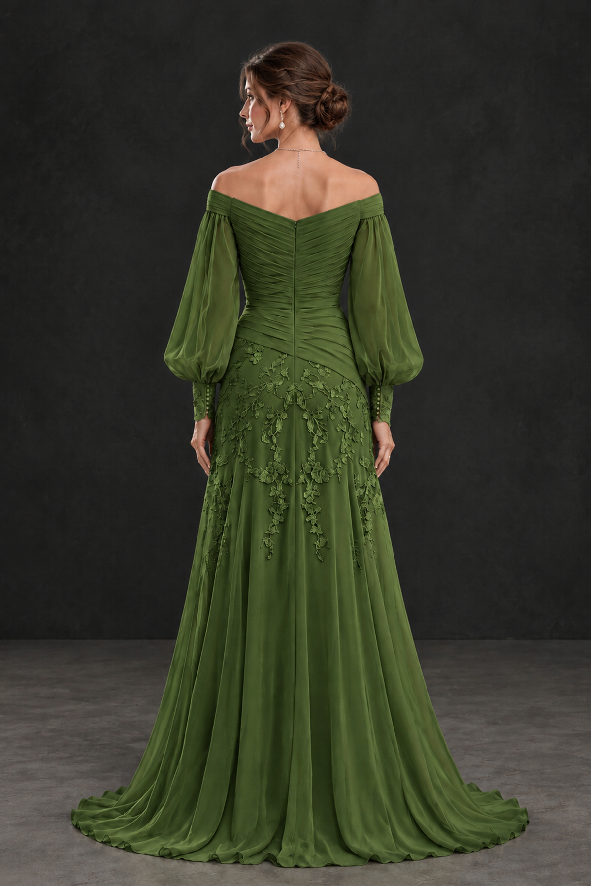 BOLODOO Olive Green Long Sleeve Mother of the Bride Dress with Floral Appliqués - Olive Green - Olive Green (2)