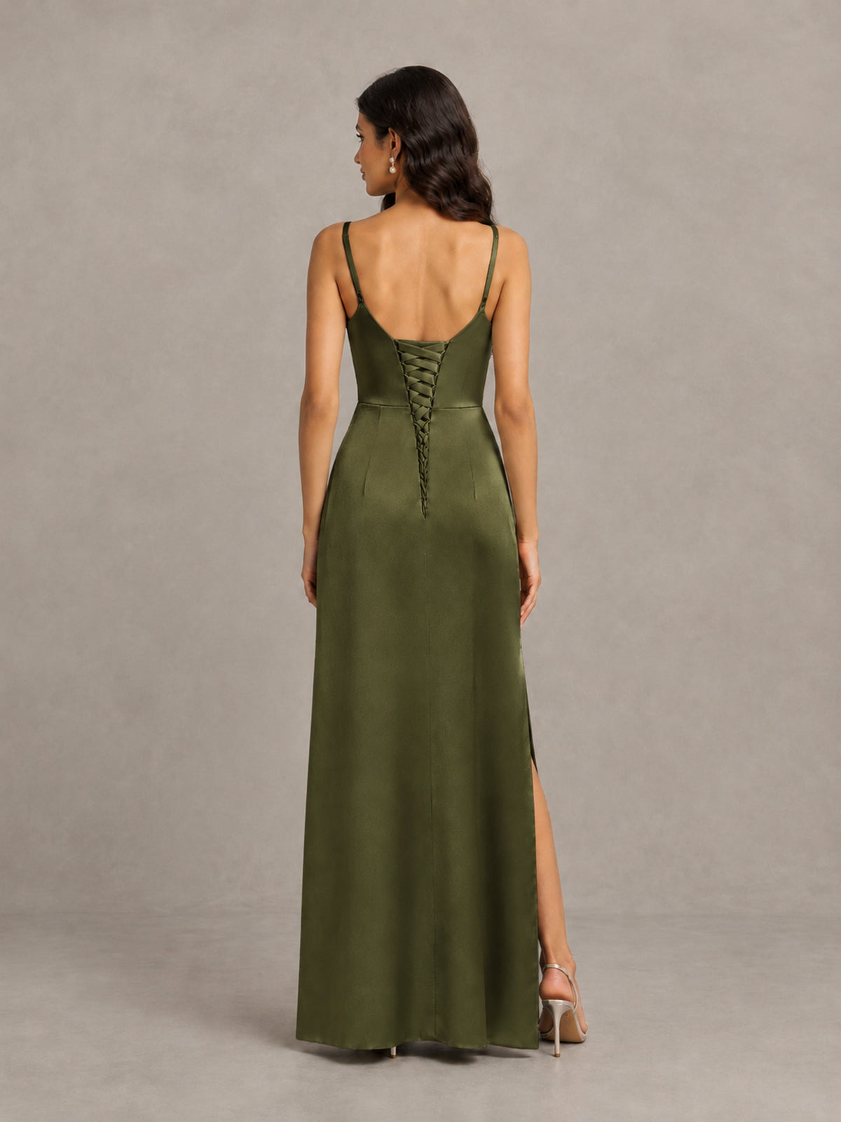 BOLODOO Olive Green Cowl Neck Satin Bridesmaid Dress with Slit - Olive Green - Olive Green (2)