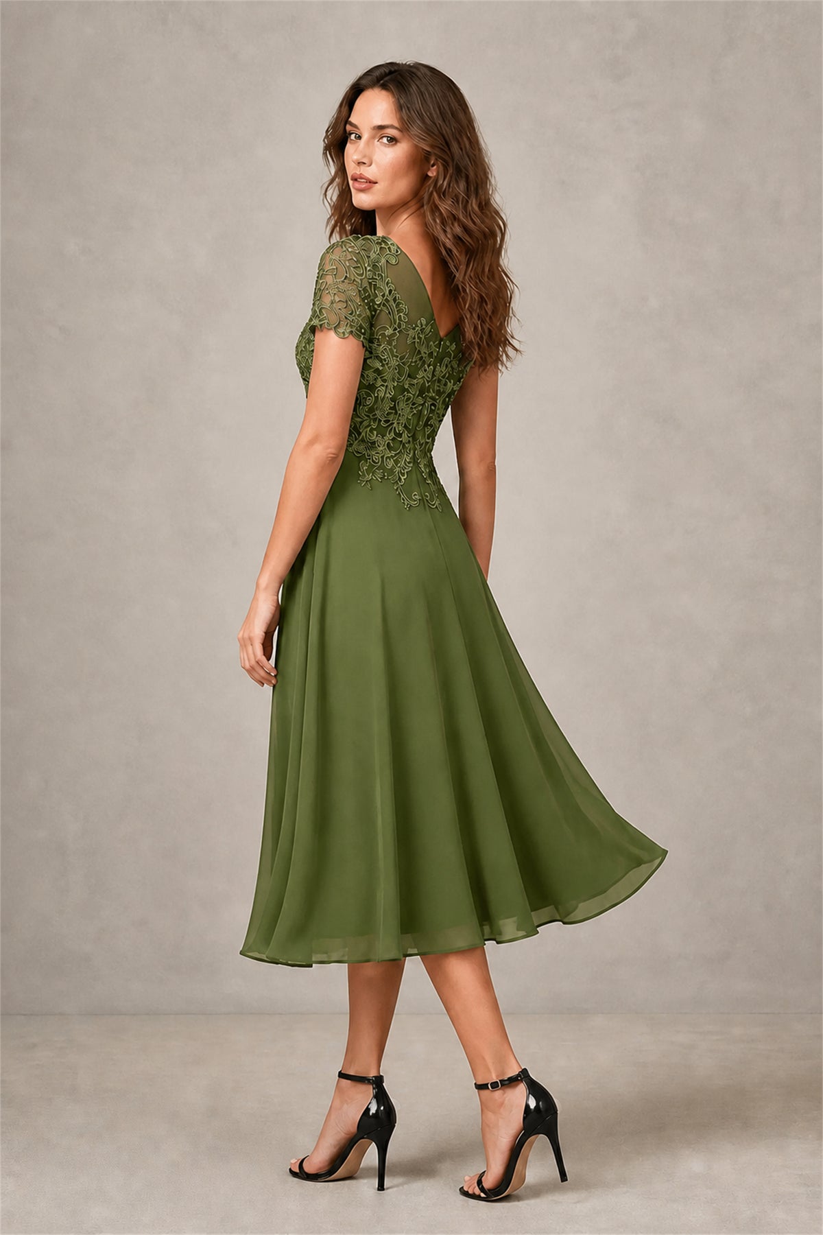 BOLODOO Steel Olive Green Beaded Lace Illusion Bodice Chiffon Tea-Length Dress | Mother of the Bride & Cocktail Party - Olive Green