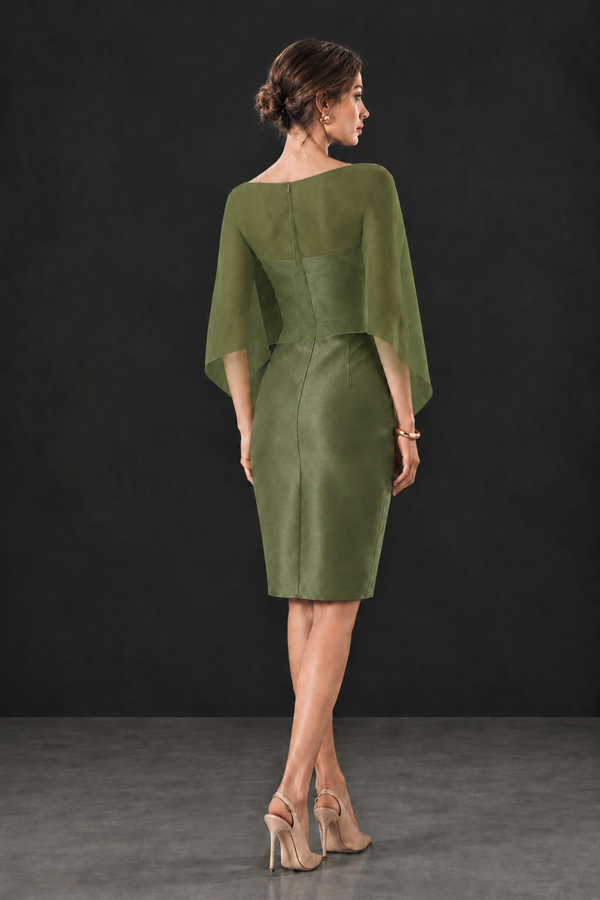 BOLODOO Olive Green Cape Knee-Length Mother of the Bride Dress - Olive Green - Olive Green (2)