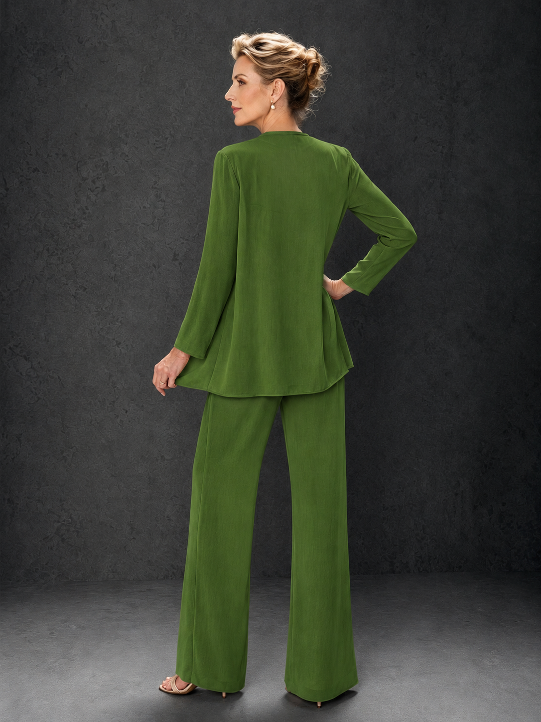 BOLODOO Olive Green 3-Piece Mother of the Bride Pant Suit with Beaded Top & Chiffon Jacket - Olive Green