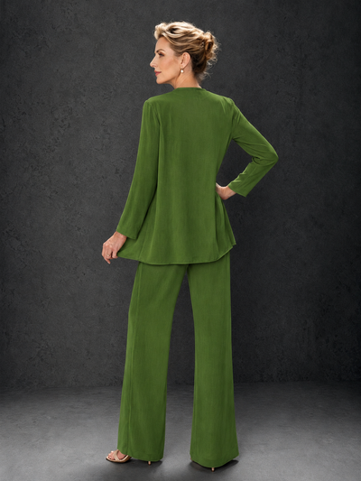 BOLODOO Olive Green 3-Piece Mother of the Bride Pant Suit with Beaded Top & Chiffon Jacket - Olive Green