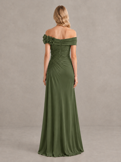 BOLODOO Olive Green Off-Shoulder Floral Applique Wedding Guest Maxi Dress - Olive Green - Olive Green (2)