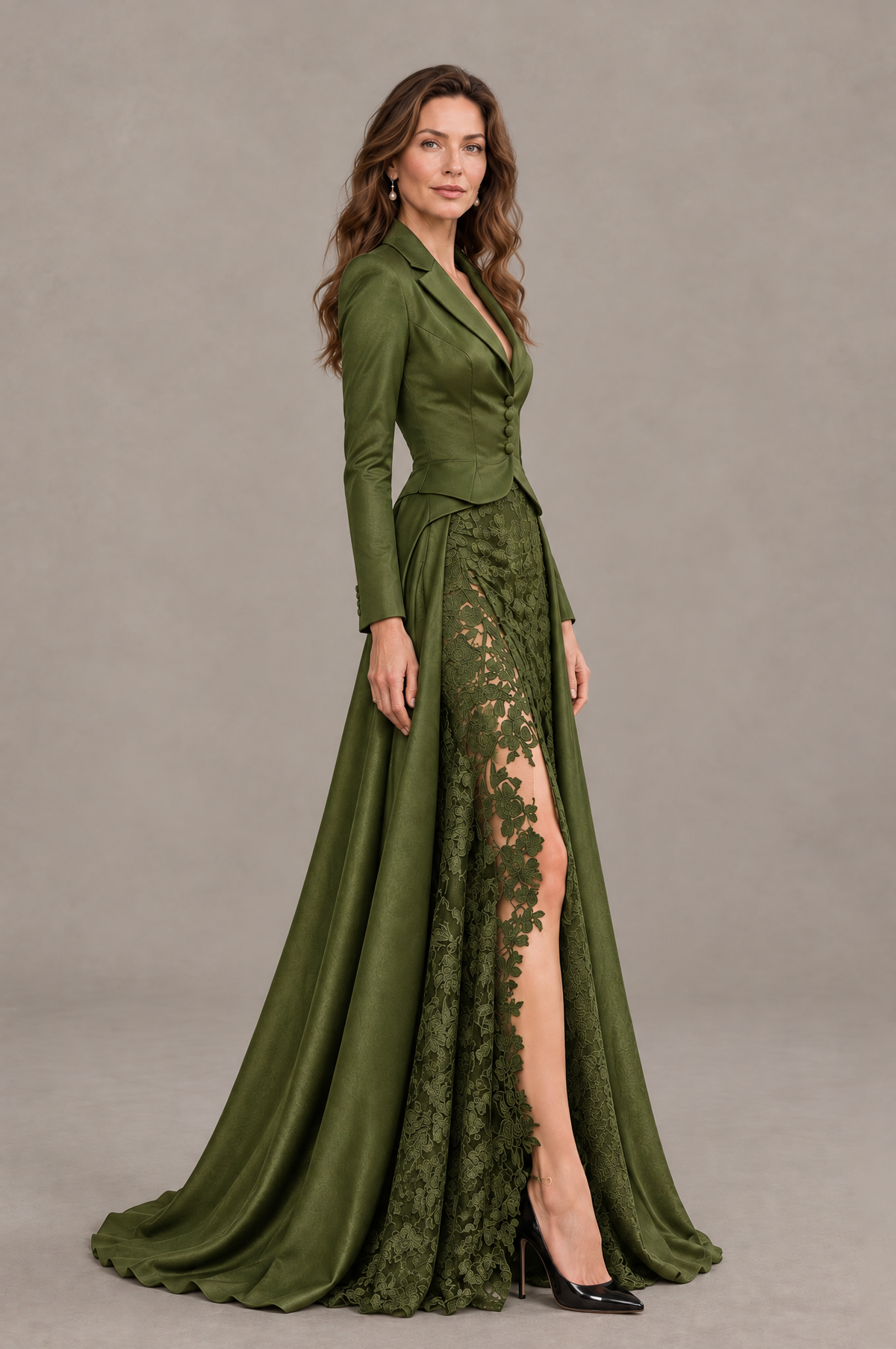 BOLODOO Olive Green Long Sleeve Lace Blazer Gown with High Slit - Olive Green - Olive Green (3)
