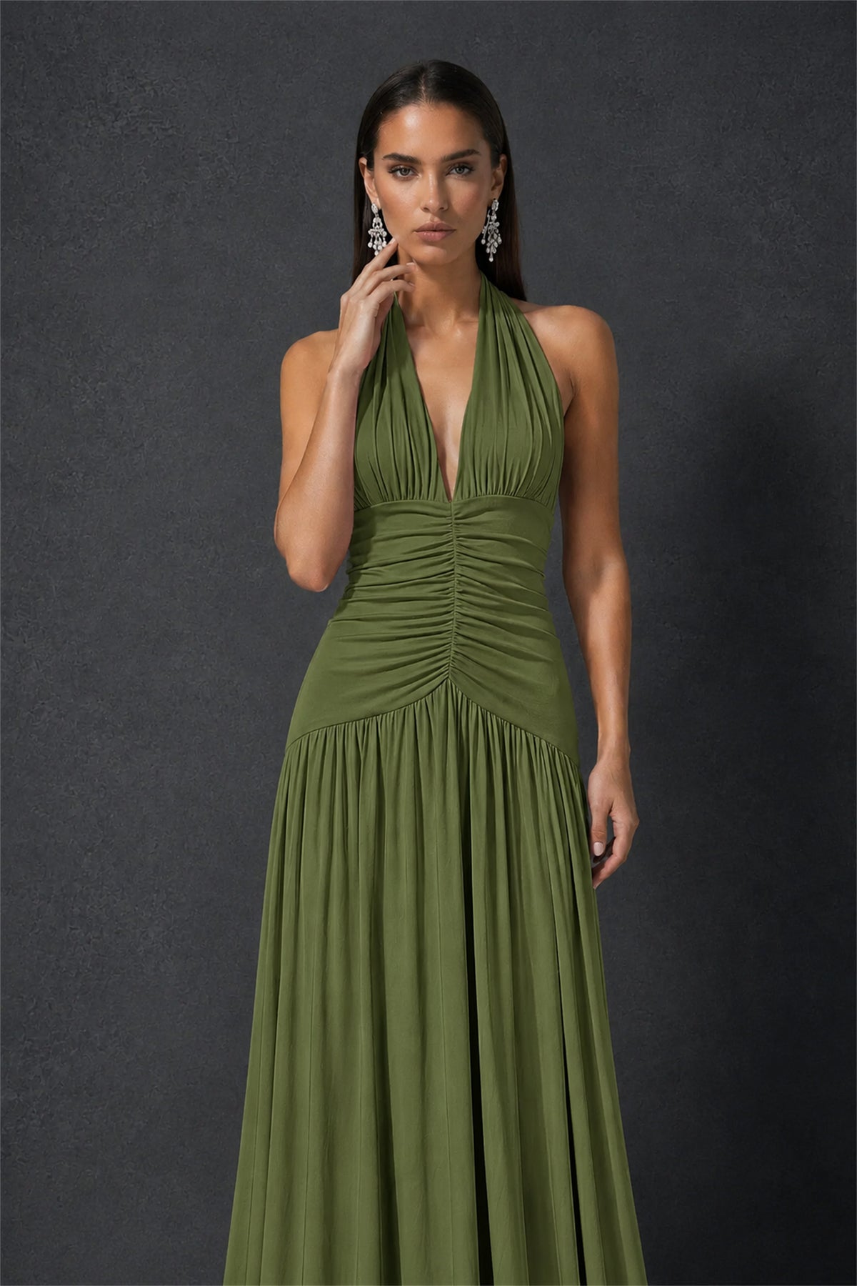 BOLODOO Olive Green Halter Deep V-Neck Ruched Chiffon Open Back Maxi Dress with Draped Neck Tie - Olive Green