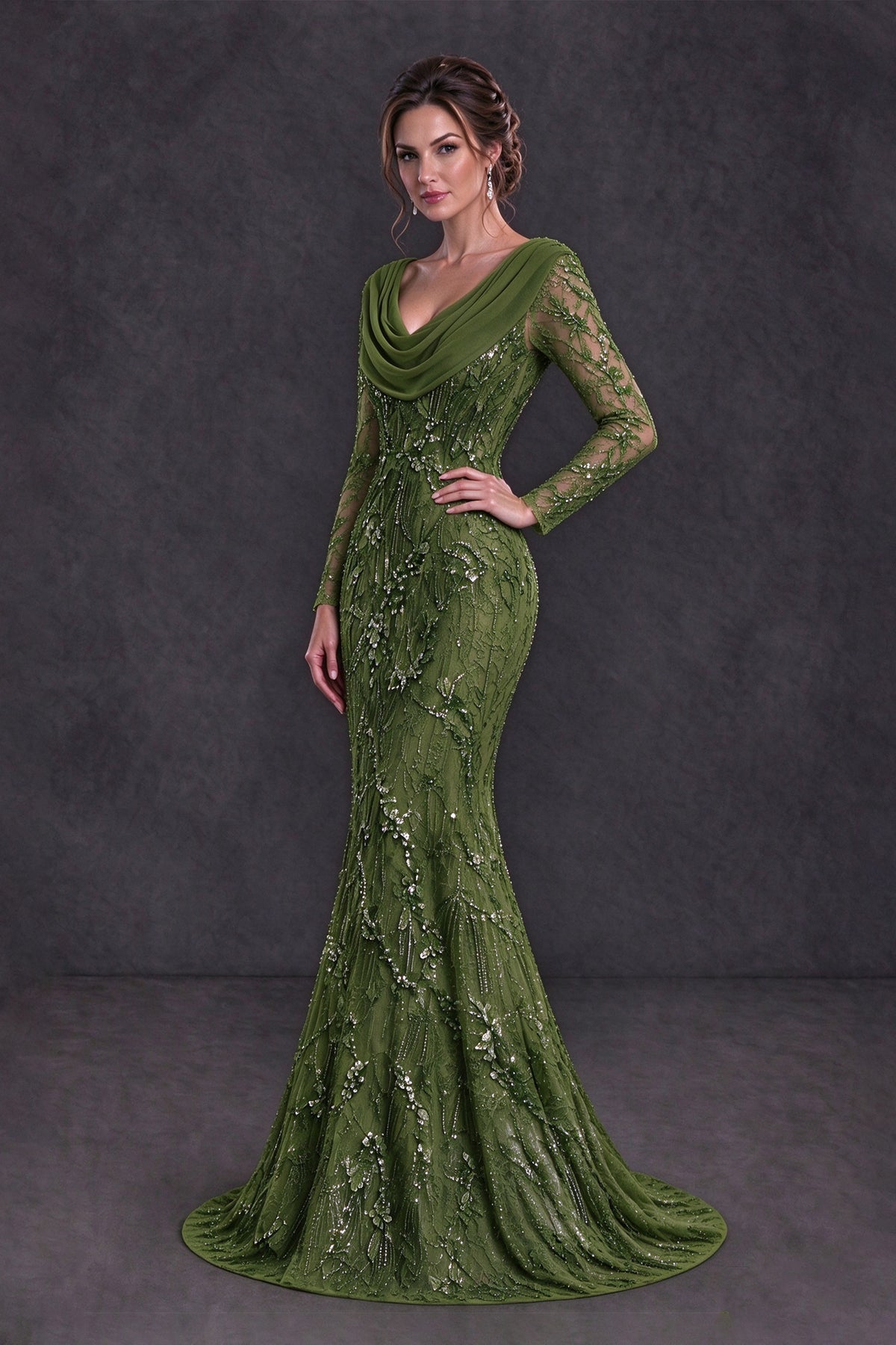 BOLODOO Olive Green Long Sleeve Embellished Mother of the Bride Dress with Cowl Neck - Olive Green - Olive Green (3)