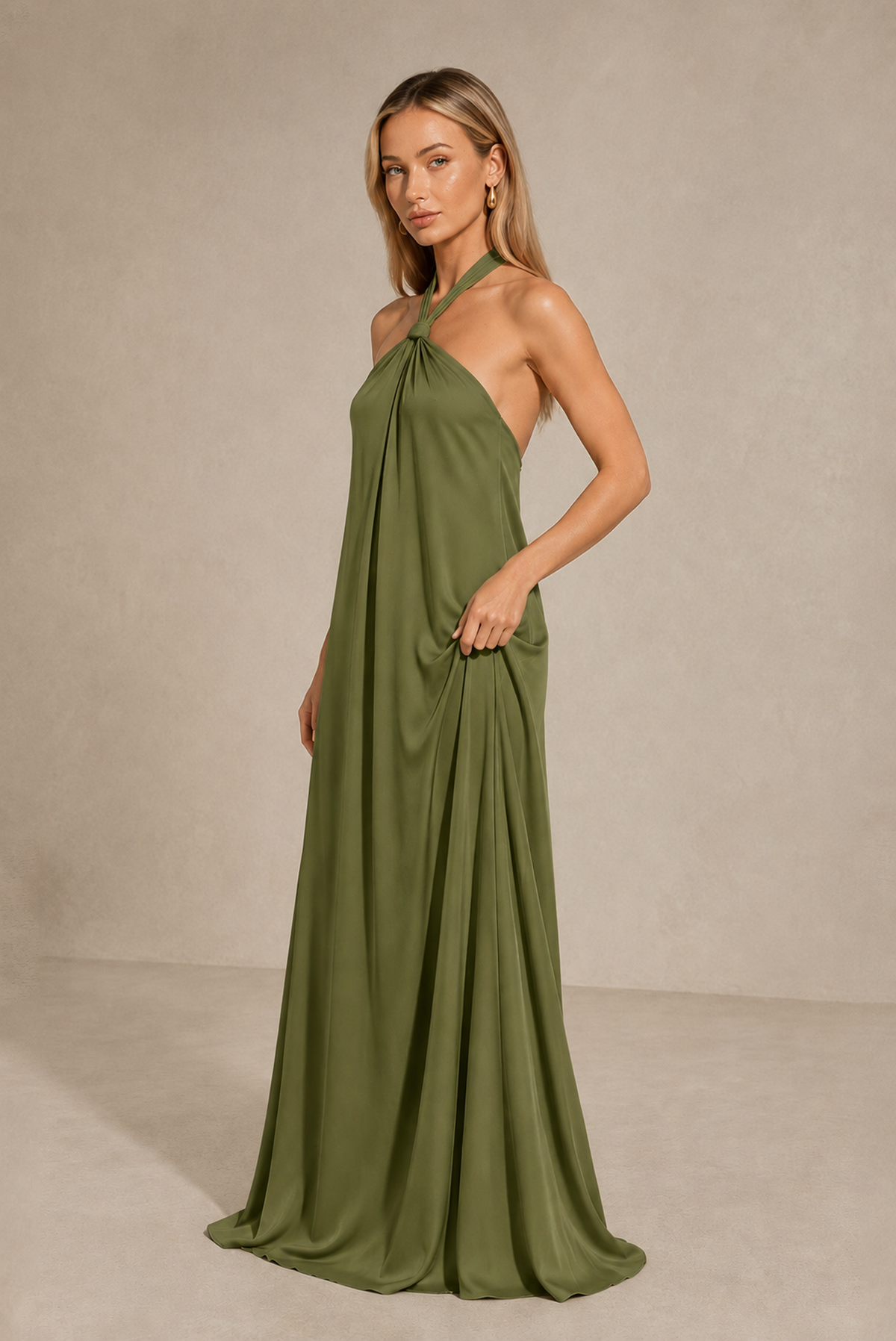 BOLODOO Olive Green Backless Halter Satin Bridesmaid Dress - Olive Green