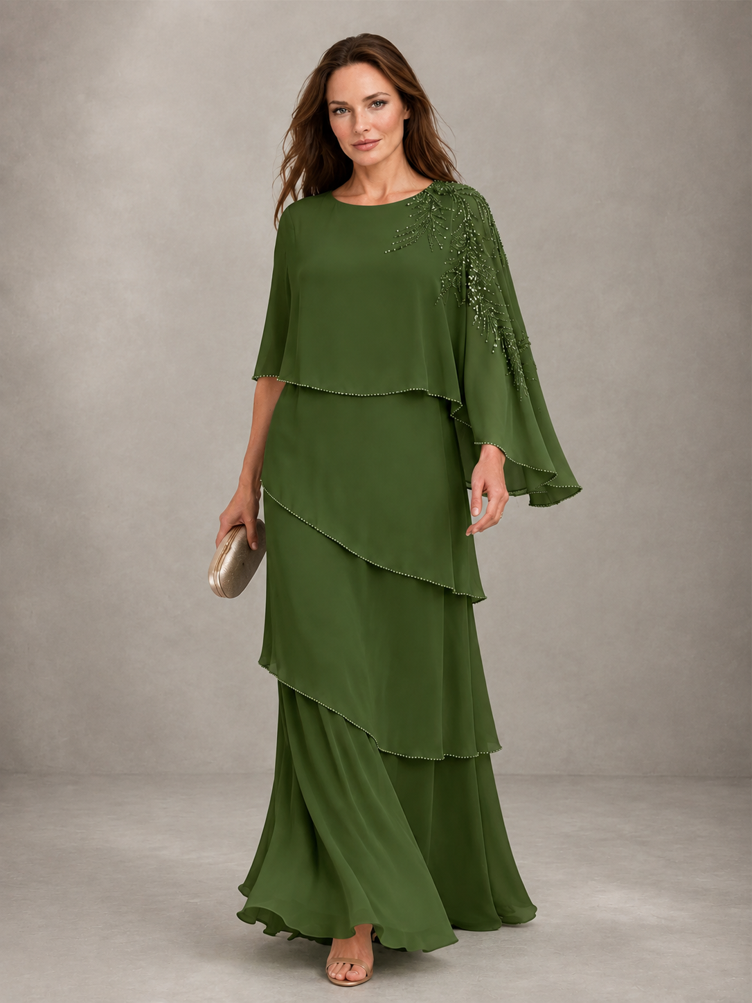 BOLODOO Olive Green Mocha Asymmetric Cape Sleeve Olive Green Sequin Embroidered Pearl Trim Tiered Chiffon Gown - Olive Green
