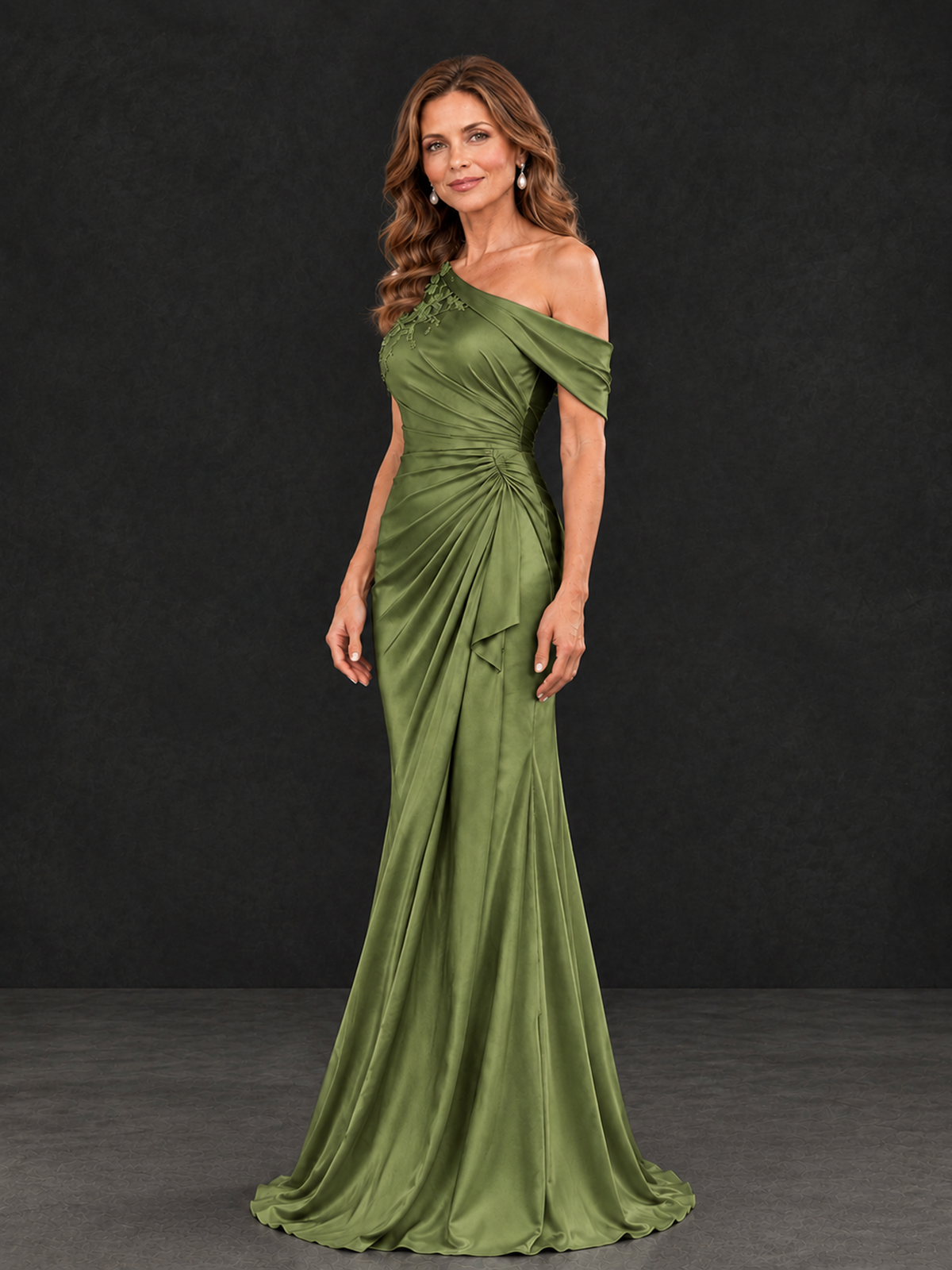 BOLODOO Olive Green Asymmetric Satin Mother of the Bride Dress with Lace Sleeve - Olive Green - Olive Green (3)
