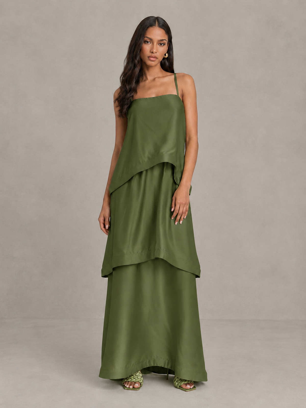 BOLODOO Olive Green Satin Tiered Maxi Dress with Spaghetti Straps - Olive Green