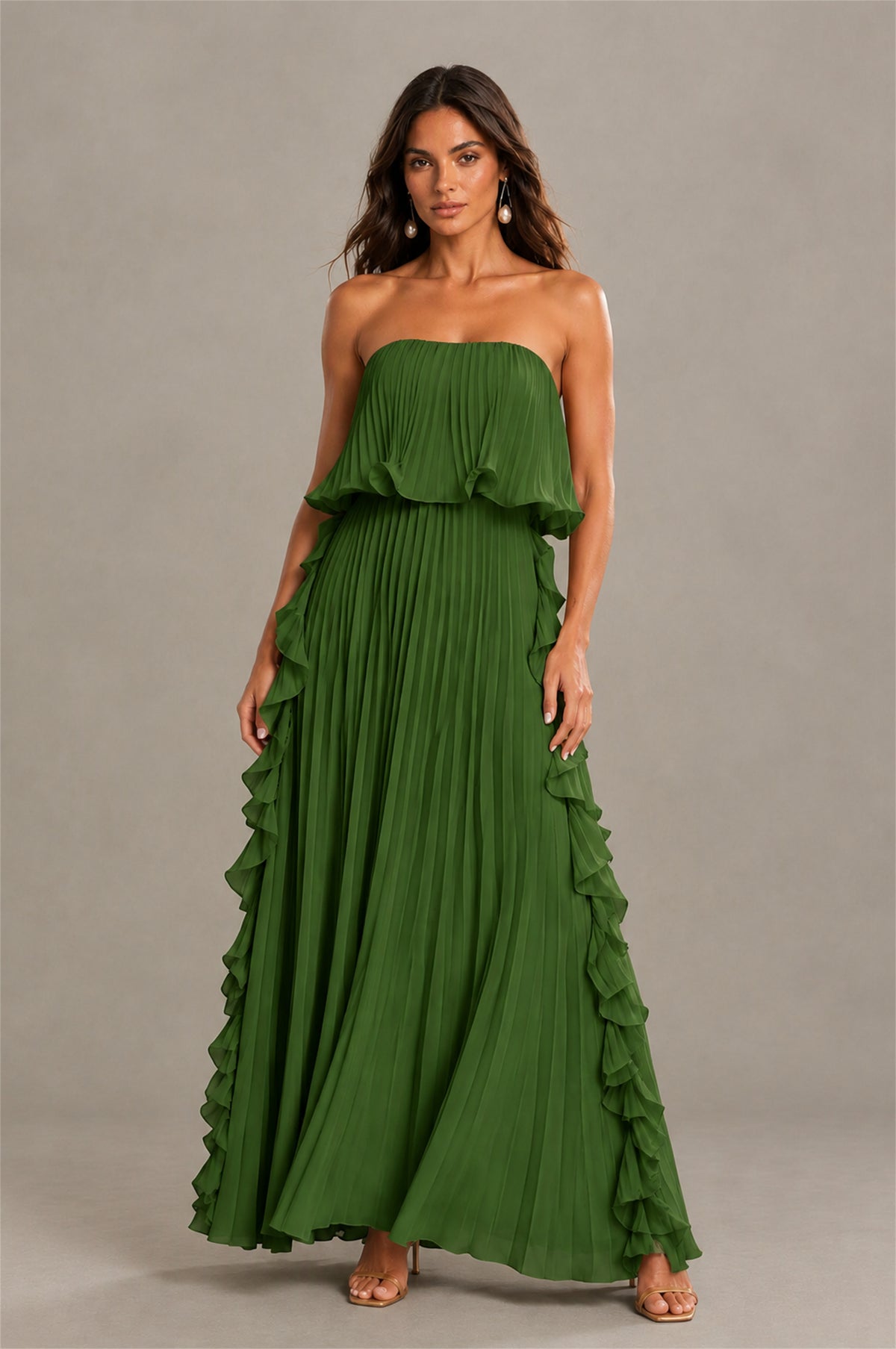 BOLODOO Olive Green Strapless Ruffle Bodice Dual Cascading Ruffle Accordion Pleated Chiffon Maxi Dress - Olive Green