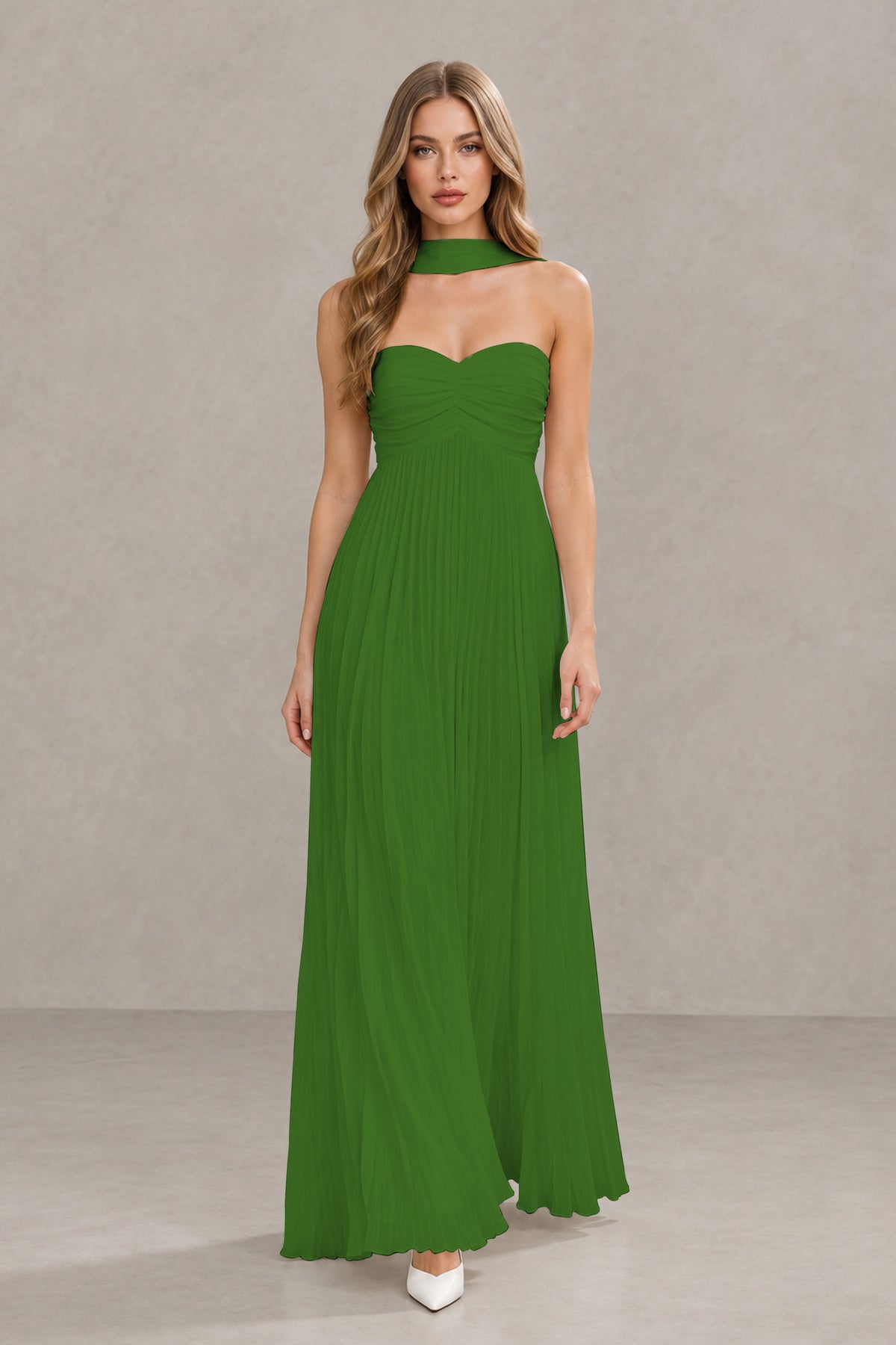 BOLODOO Olive Green Strapless Chiffon-Look Maxi Dress with Lace-Up Back & Cape - Olive Green