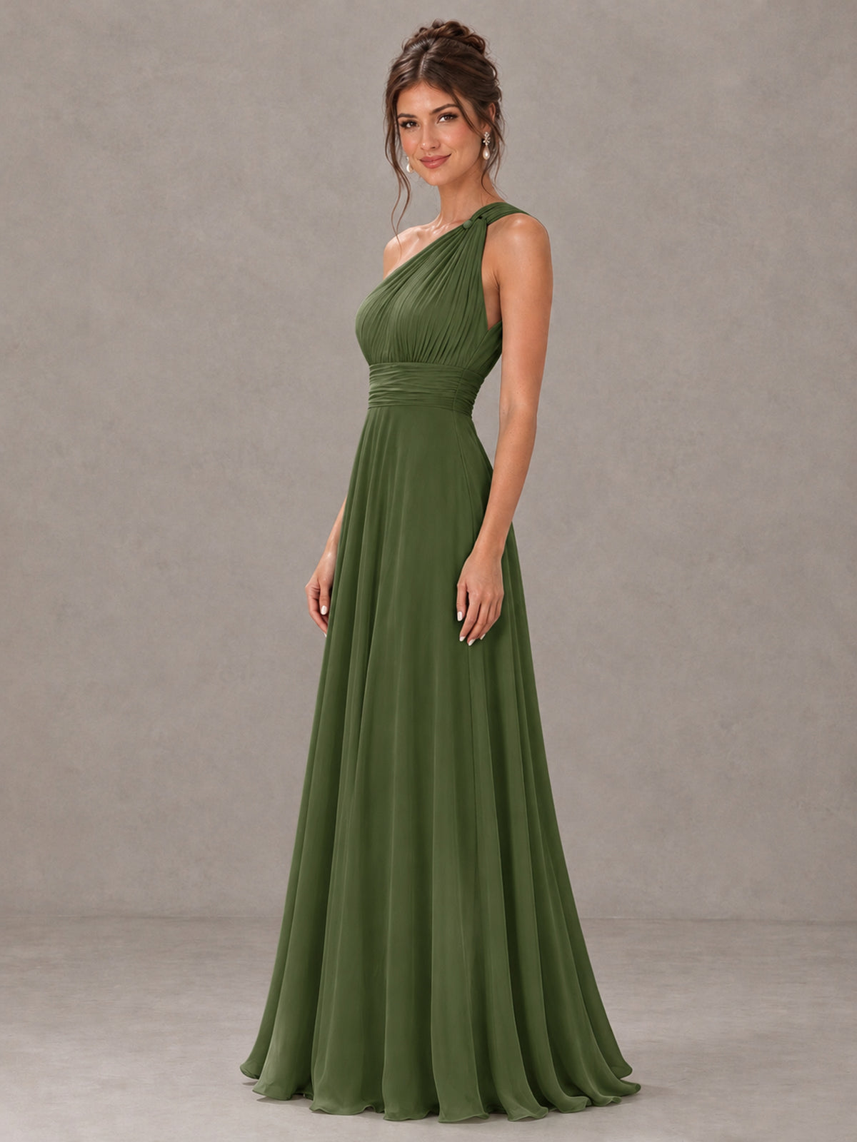 BOLODOO Olive Green One-Shoulder Chiffon-Look Bridesmaid Dress - Olive Green - Olive Green (3)