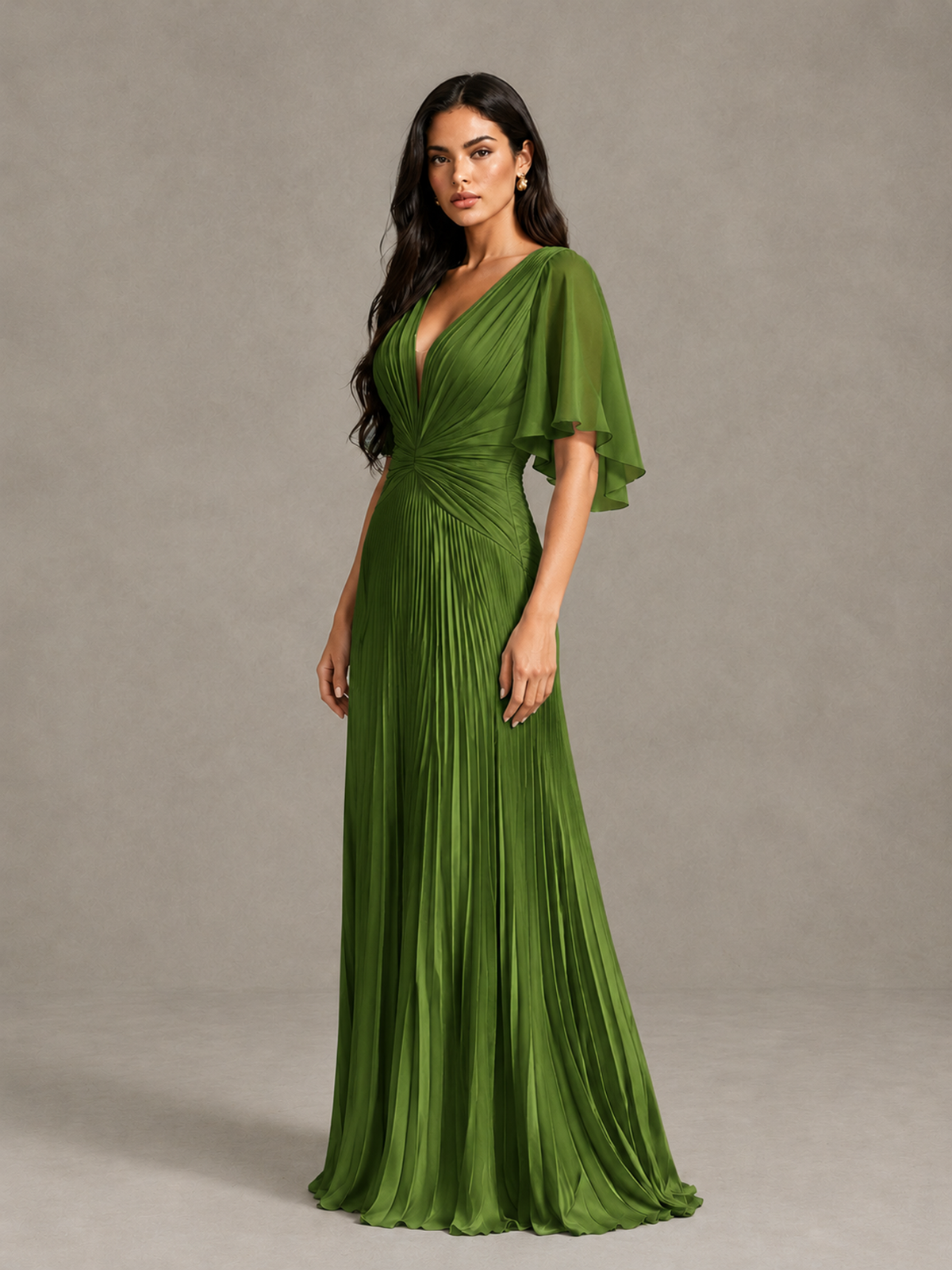 BOLODOO Olive Green Pleated V-Neck Flutter Sleeve Bridesmaid Dress - Olive Green - Olive Green (3)