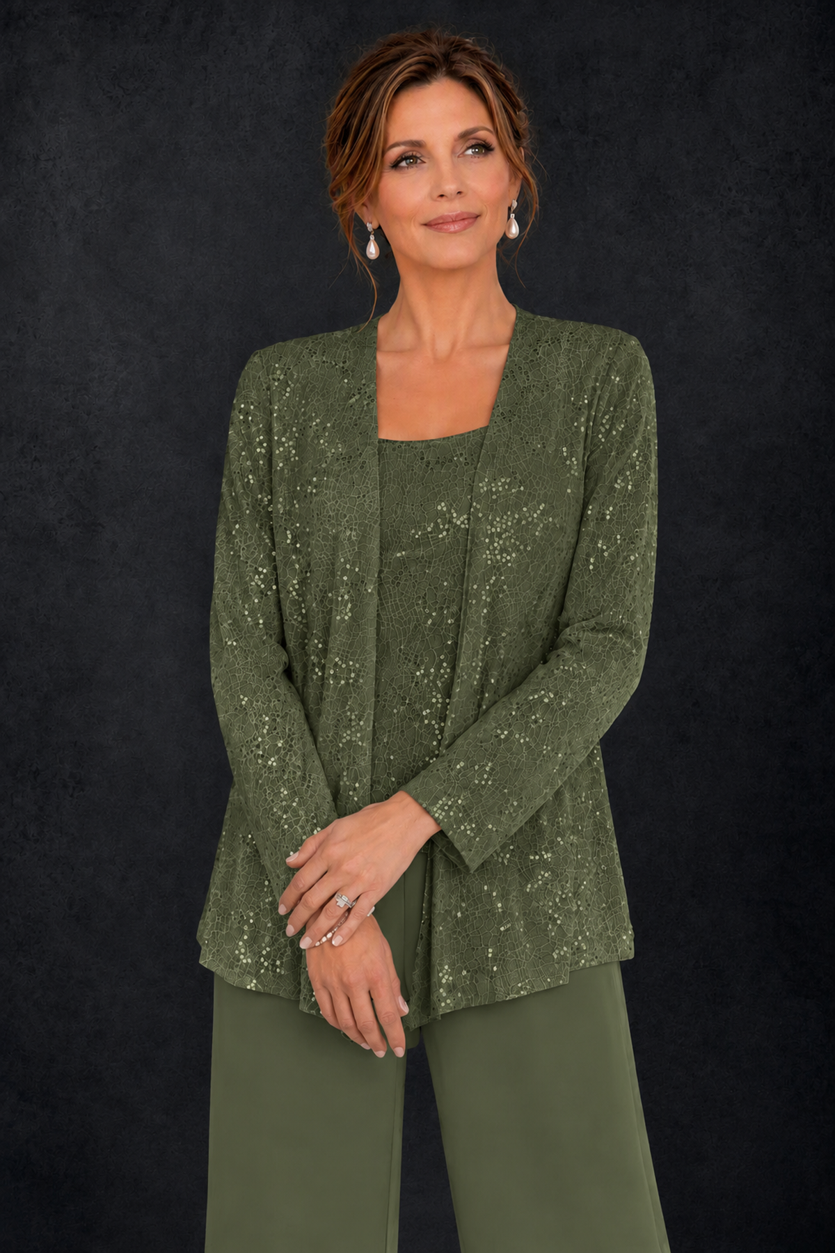 BOLODOO Olive Green Sequin Lace 3-Piece Pant Suit with Long Sleeve Jacket - Olive Green - Olive Green (3)