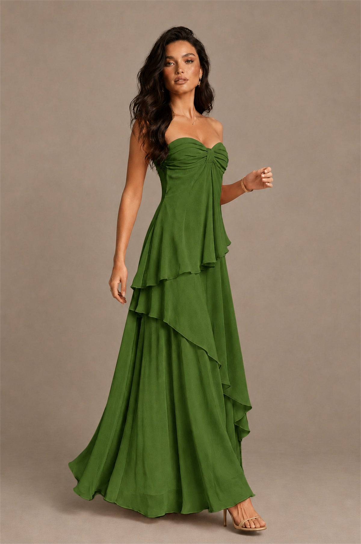 BOLODOO Olive Green Strapless Sweetheart Knotted Chiffon Tiered Maxi Dress with Lace-Up Back - Olive Green