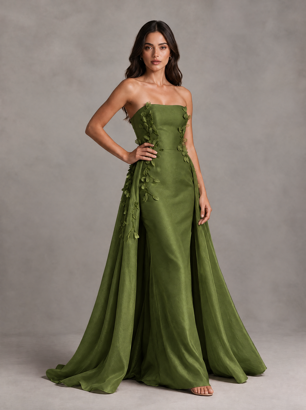 BOLODOO Olive Green Strapless Floral Applique Prom Dress with Overskirt - Olive Green - Olive Green (3)