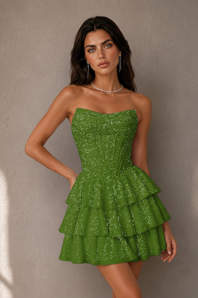 BOLODOO Navy Rhinestone Strapless Corset Tiered Ruffle Lace-Up Back Homecoming Mini Dress - Olive Green - Olive Green