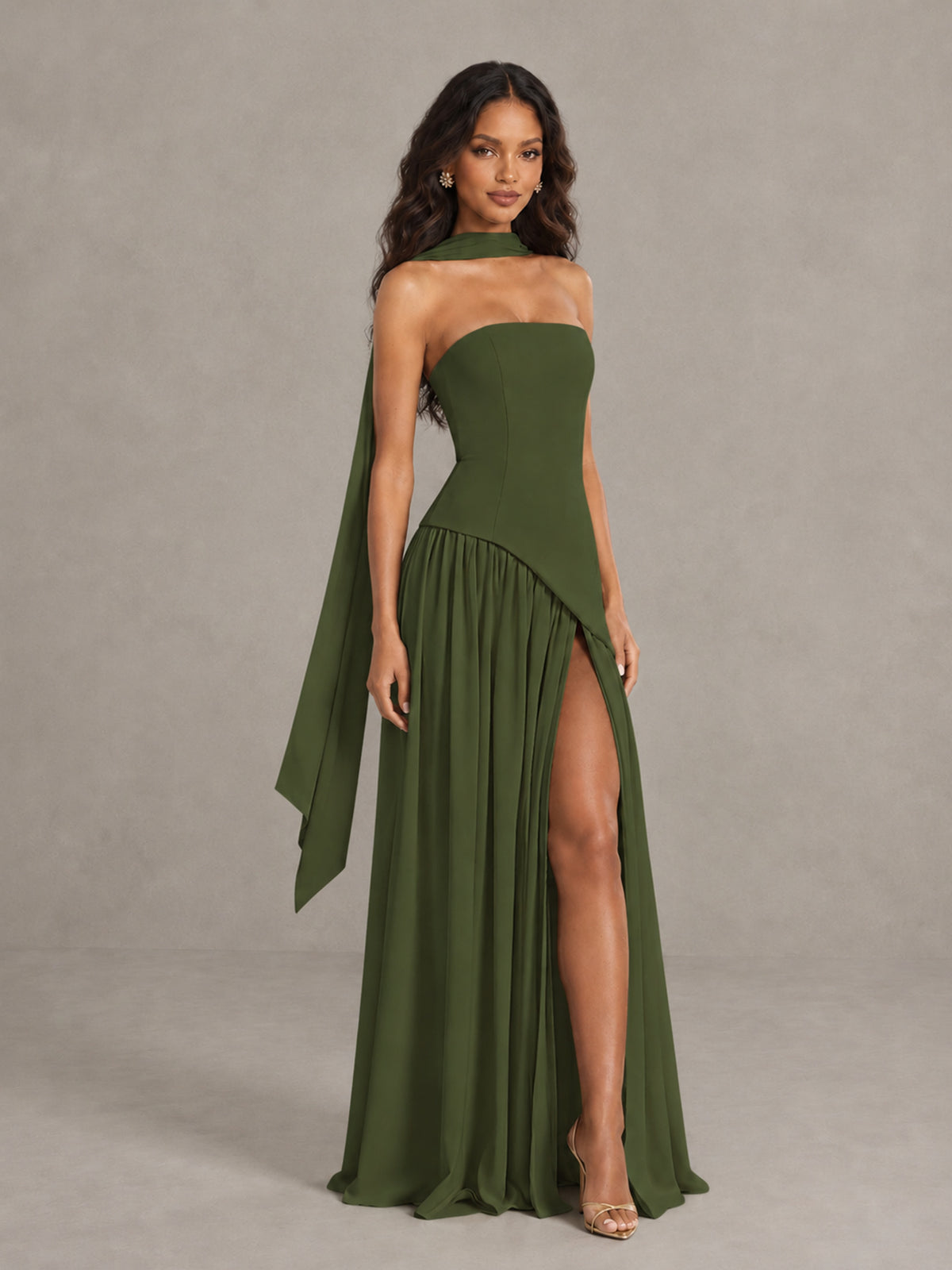 Olive Green Strapless Bridesmaid Dress with Scarf & High Slit - Olive Green - Olive Green (3)