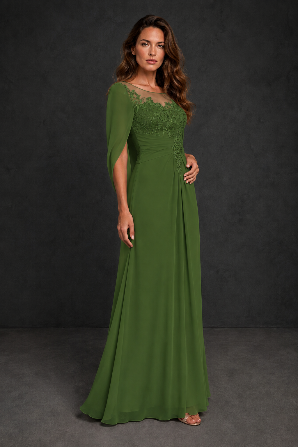 BOLODOO Olive Green Illusion Lace One-Side Cape Sleeve Beaded Chiffon Floor Length Gown | Mother of the Bride Evening Dress - Olive Green