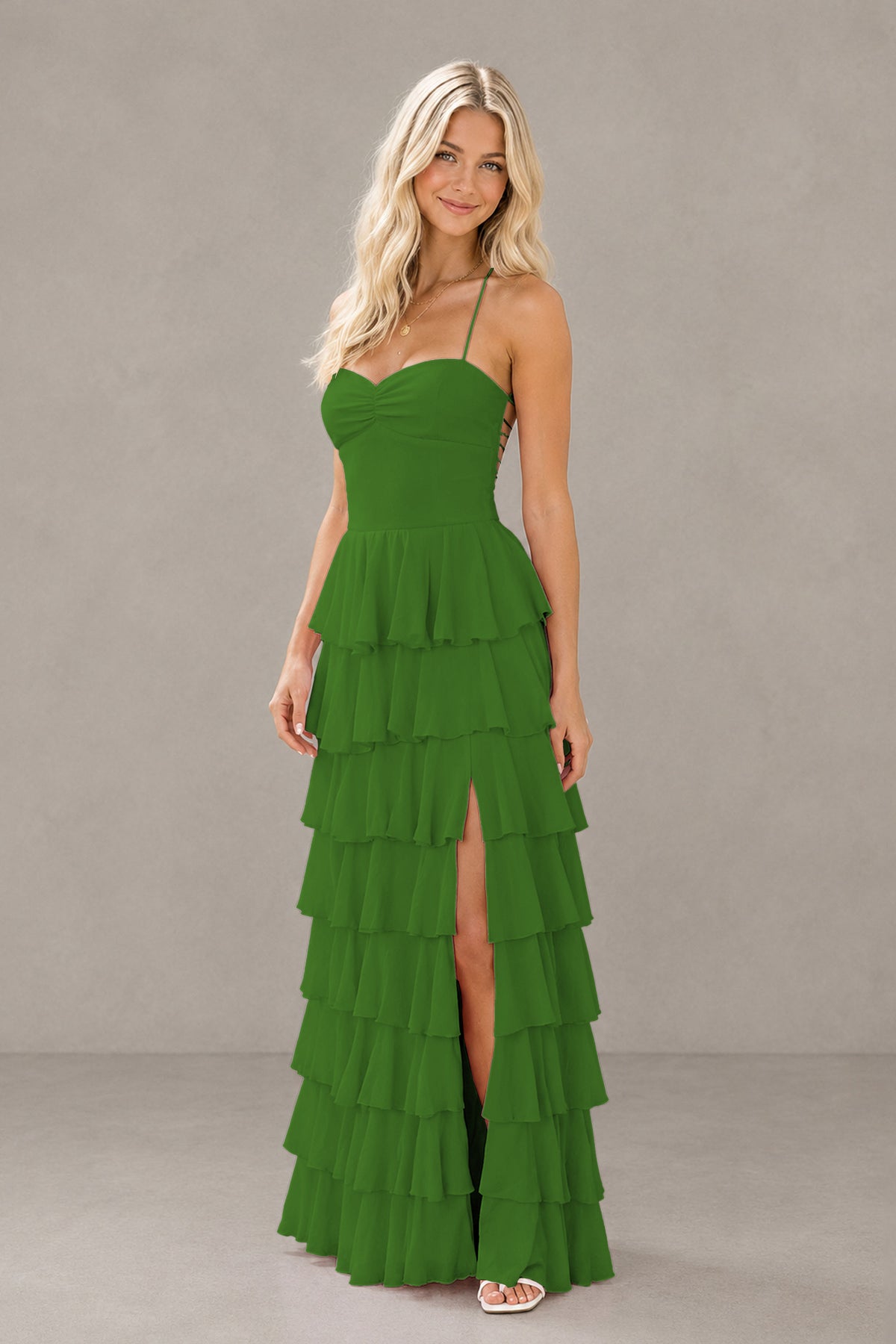 BOLODOO Olive Green Strapless Tiered Ruffle Maxi Dress with Slit & Lace-Up Back - Olive Green