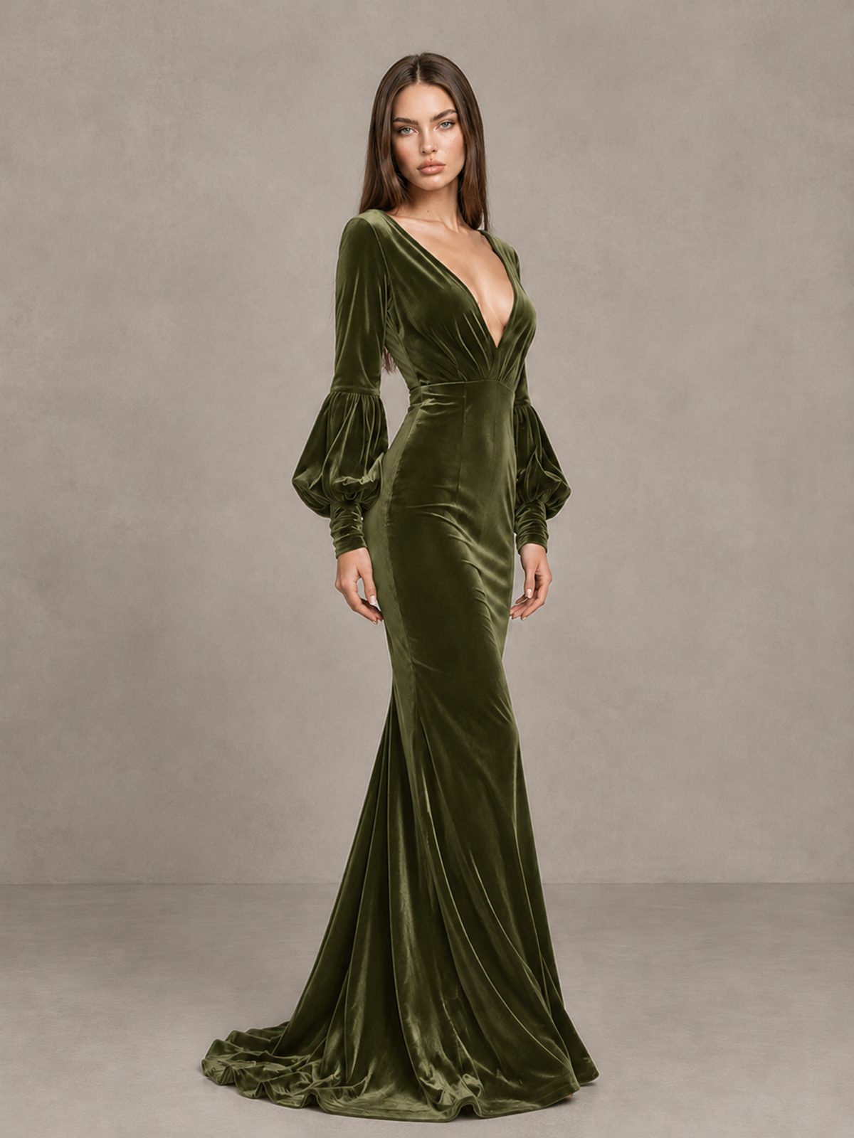 BOLODOO Olive Green Velvet V-Neck Long Sleeve Open Back Mermaid Evening Gown - Olive Green - Olive Green (3)