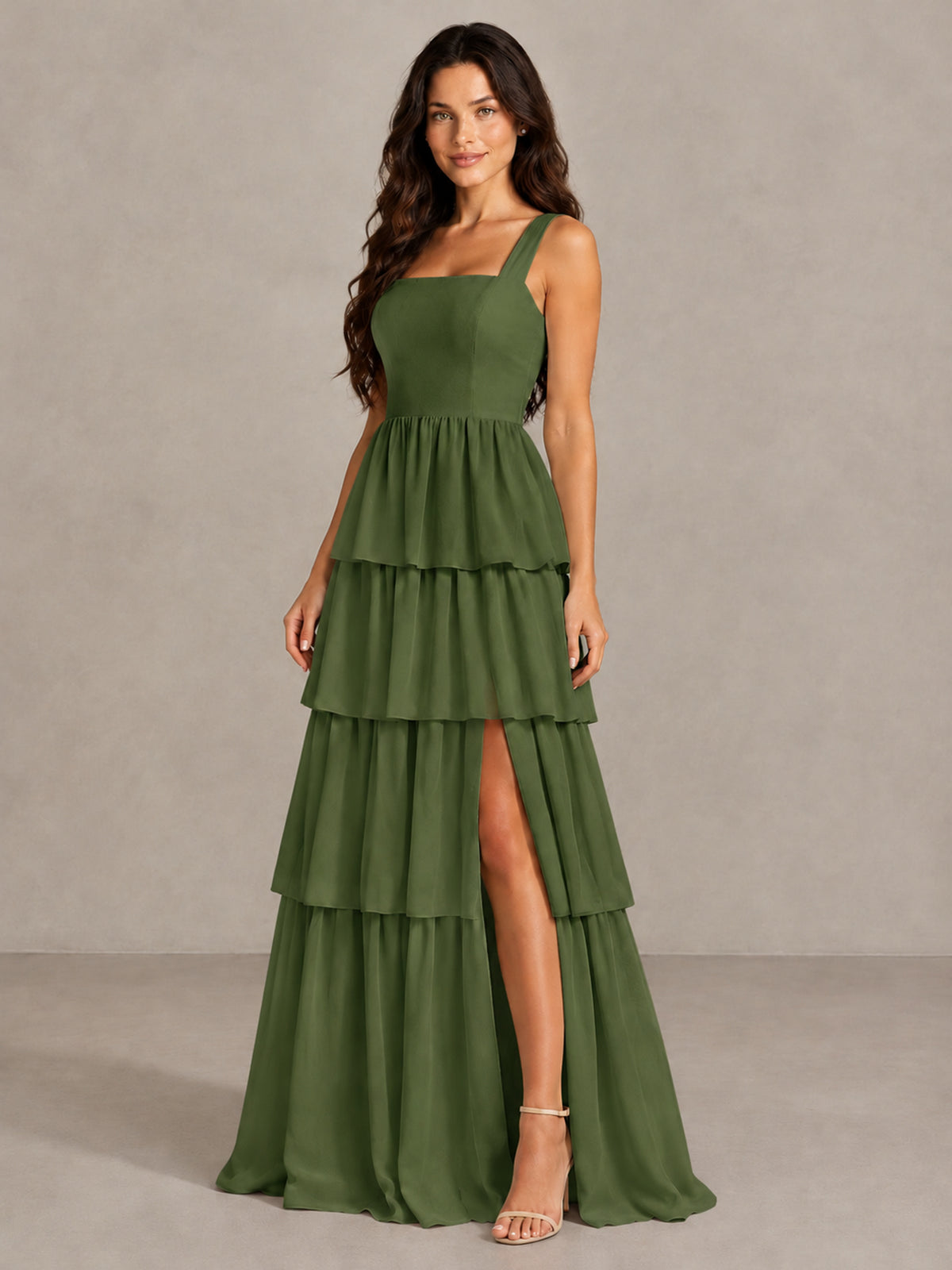 BOLODOO Olive Green Square Neck Tiered Bridesmaid Dress with Slit - Olive Green - Olive Green (3)