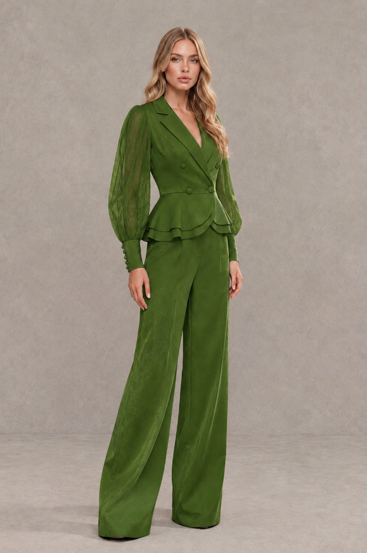 BOLODOO Mint Olive Green Peplum Blazer Wide-Leg Pantsuit with Sheer Puff Sleeves - Olive Green